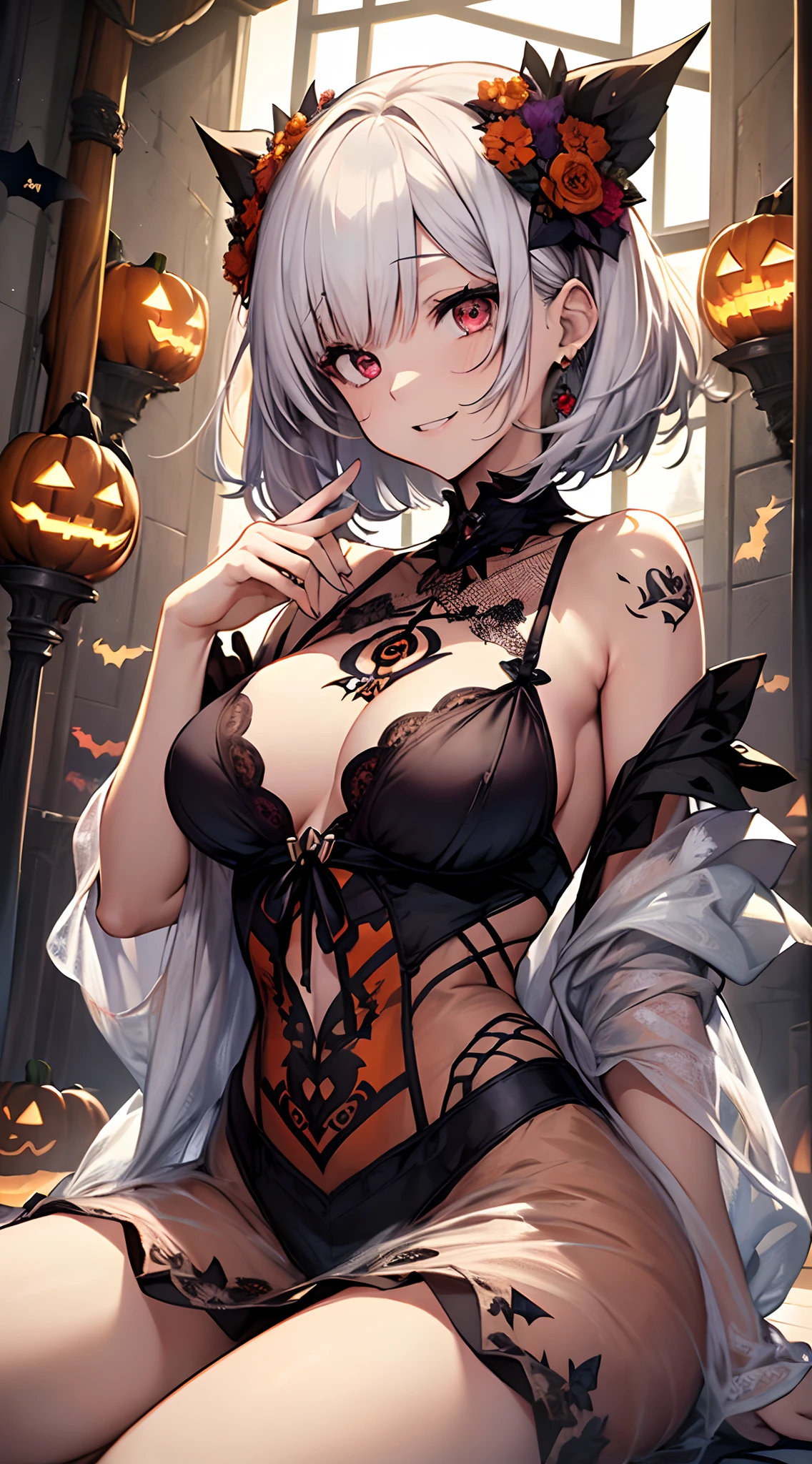 top-quality、Top image quality、in 8K,4K,​masterpiece、(NSFW:1.1)、ultra-detailliert、Beautiful、ultra-quality、adult-like、Cool、girl with(((18year old、negligee:1.5、Have a jack-o'-lantern、Bust 78、silber hair、a short bob、Red Eyes、erotick:1.4、Happiness、The tattoo)))、hiquality、visualart、Background with((Halloween 1.3))、masutepiece