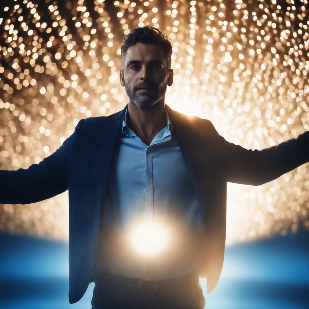 A man with open arms  standing in a spotlight blurry image with blue and white gradient background, with gleaming and shiny particles lightly golden, backround desfocado, light particles in soft and bright volumetric haze, floating dust particles, com luzes azuis brilhantes, Fundo fora de foco, poeira brilhante brilhante no ar, floating particles