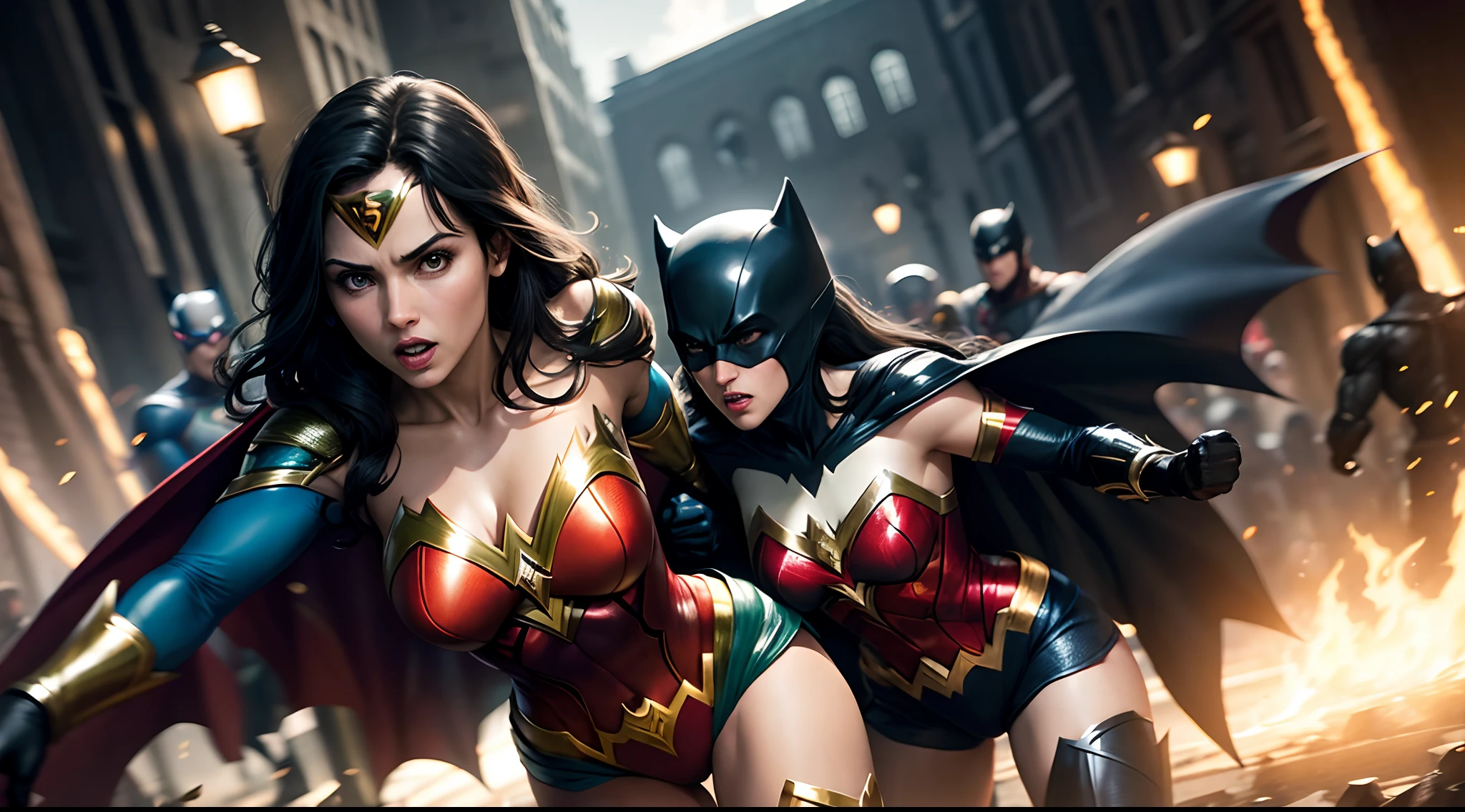 I want a picture of the Justice League characters attacking with everyone: Super Man, Mulher maravlha, batman, flash, lanterna verde