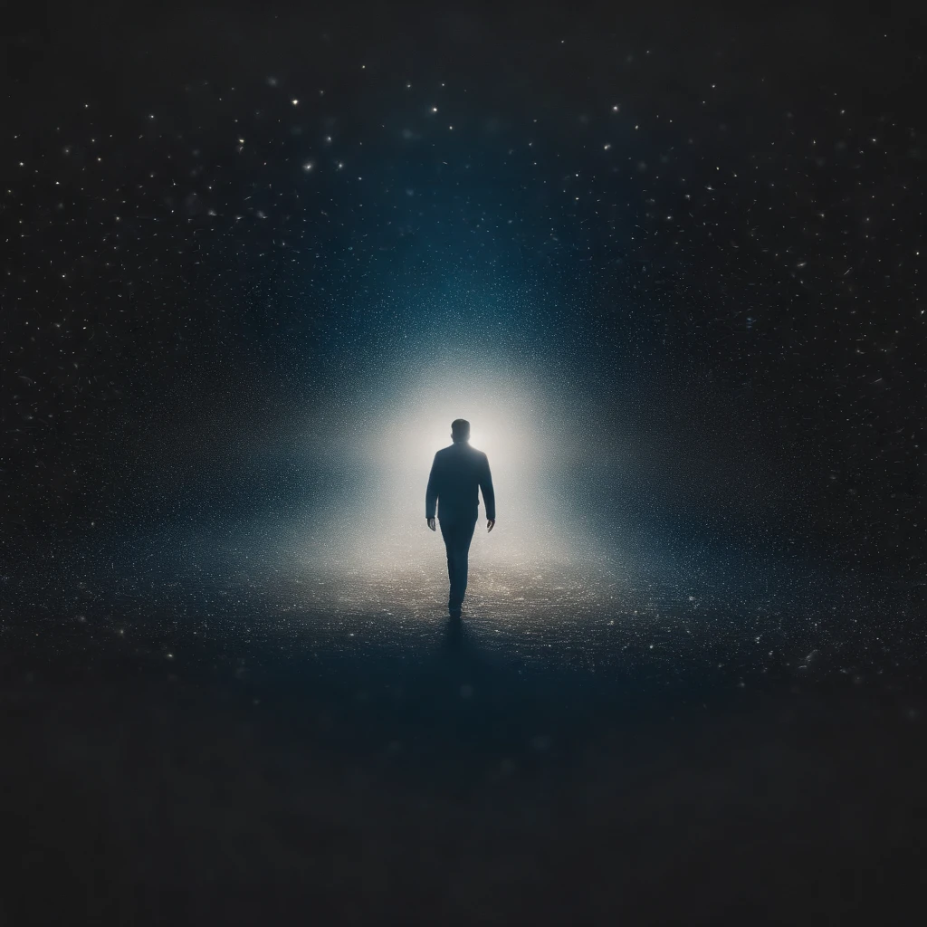 A man with open arms standing in a spotlight blurry image with blue and white gradient background, with gleaming and shiny particles lightly golden, backround desfocado, light particles in soft and bright volumetric haze, floating dust particles, com luzes azuis brilhantes, Fundo fora de foco, poeira brilhante brilhante no ar, floating particles
