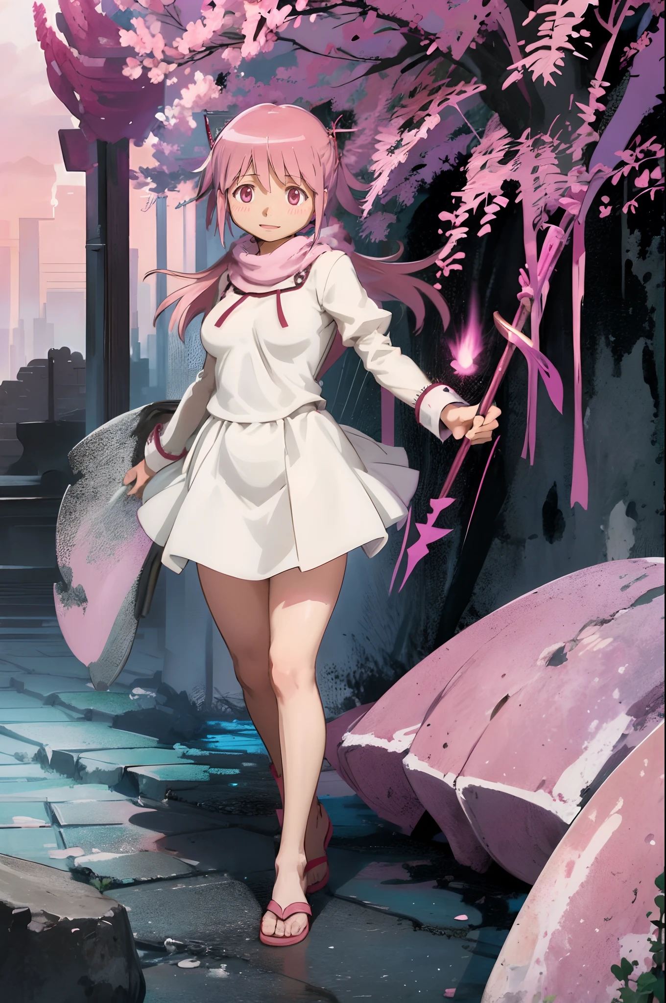 , (masterpiece:1.2), (best quality:1.15), extremely detailed,1girl, detailed,1girl, solo, madoka, long hair, pantyhose,, long dress, priestess, whitecloths, long skirt, pink robe, , standing, full body, medium breast, mature woman, tallgirl, standing,smile,, pink eyes madoka, tutu, long skirt, pink dress,big breast, curvy,, holding staff, white cloak, pink scarf, flipflops, medieval fantasy setting, rpg setting,,  very long skirt