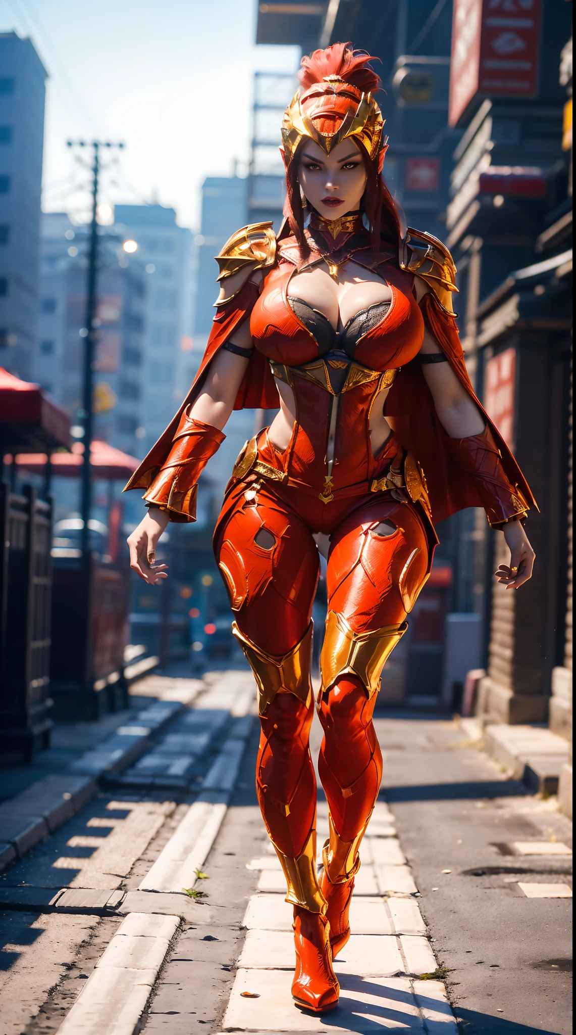 1GIRL, SOLO, (DRAGON QUEEN HELM, PONYTAIL), (HUGE FAKE BOOBS:1.3), (RED, GOLD), (STREET CITY BACKGROUND), (MORNING DAY:1.5), (FUTURISTIC ICE PHOENIX MECHA BODYSUIT, ROYAL CAPE, CLEAVAGE:1.2), (SKINTIGHT YOGA HOTPANTS, HIGH HEELS:1.2), (PERFECT BODY, LOMG LEGS, FULL BODY VIEW:1.5), (LOOKING AT VIEWER), (WALKING DOWN:1.2), MUSCLE ABS:1.3, ULTRA HIGHT DEFINITION, 8K, 1080P.