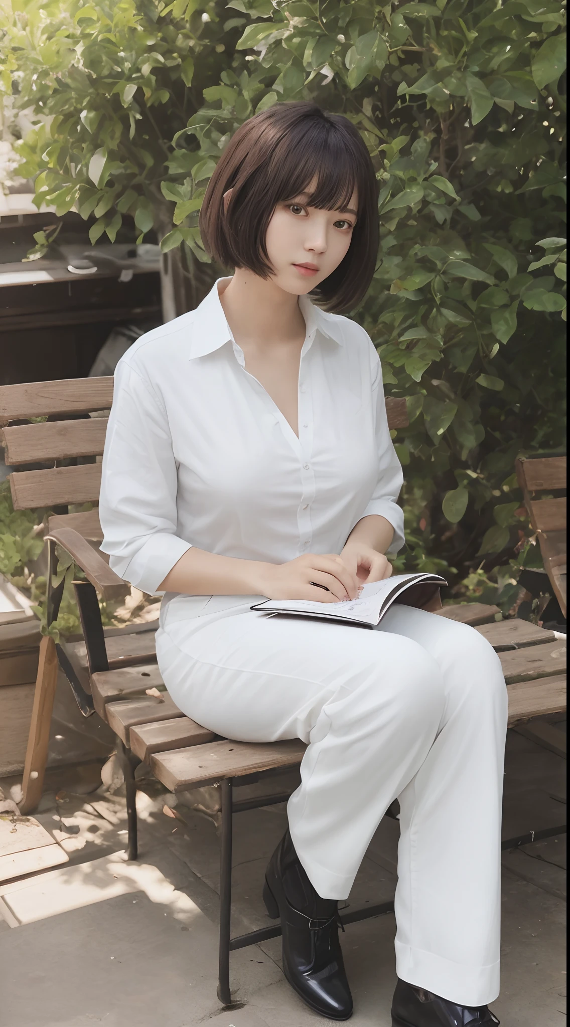 masutepiece、Best Quality、 ultra-detailliert、hight resolution、8K Wallpapers、Perfect dynamic composition,、Beautiful detailed eyes、(Beautiful Large Breasts:1.3)、27-year-old beauty、top-quality、Beautuful Women、Brown hair、Pattsun bangs、bob cuts、a small face、Cool Girl、black business jacket、Black Business Pants、Colossal tits、Chest protruding heavily from the shirt,、A slender、slender、slender body with large breasts,,,,,,,,,,,,,,,,,,,,、Leather Heel Shoes、up chest、Rooftop of an urban building、Holding a book in your right hand、Beautiful woman reading a book、The left hand puts his hand in the pocket of his pants、Beautiful right hand、Beautiful left hand、The beauty of looking at books、sunlight from sky、Silence、Transcendental tranquility、Super detailed illustration、extra detailed face、Raw photography、film grains、Deviantart Trends、