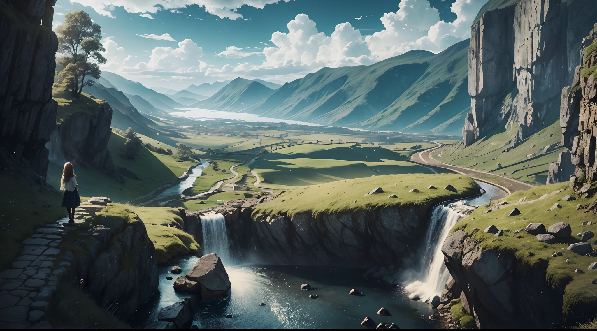 cloud, quiet, young girl, stone road and hill with a small waterfall on top, best quality, realistic human face, cinematic lighting, beautiful detailed intricate insanely detailed, full body, beautiful,