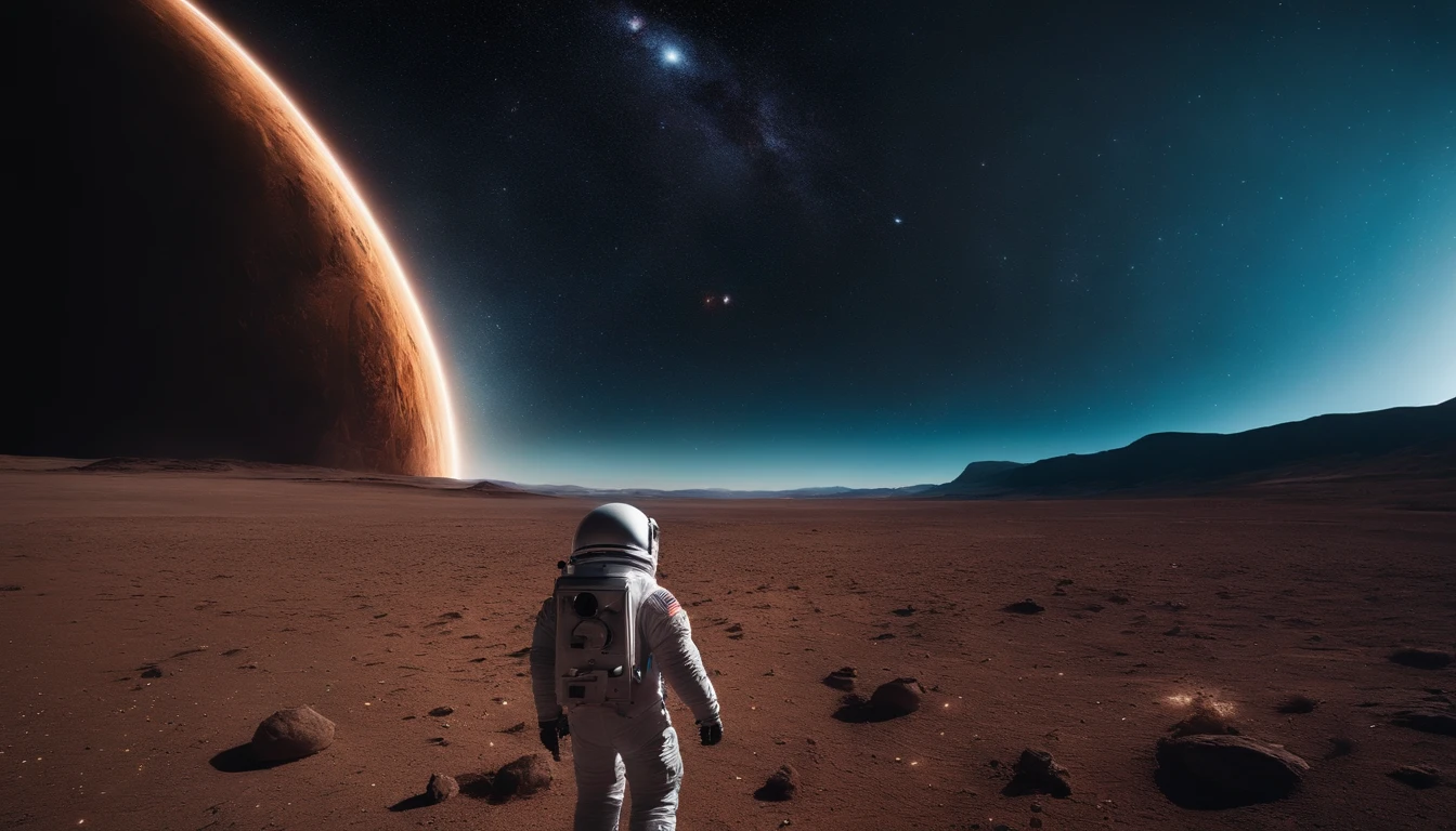 A lone astronaut moves in the cosmic vacuum, rodeado de polvo de estrellas brillantes y galaxias distantes. Capture the breathtaking vastness of space and the human spirit of exploration