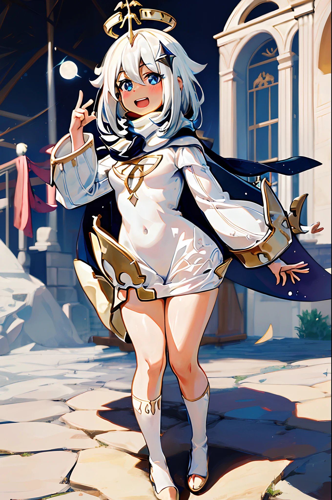 best quality, masterpiece, highres, solo, {paimon_genshin:1.15}, white_hair, halo, hair_ornament, blue_eyes, hair_between_eyes, short_hair, bangs, open_mouth, blush, smile, cape, 1girl, dress, long_sleeves, looking_at_viewer, scarf, white_dress, full body, tallgirl, huge breast, curvy, bimbo, full body standing,pullover