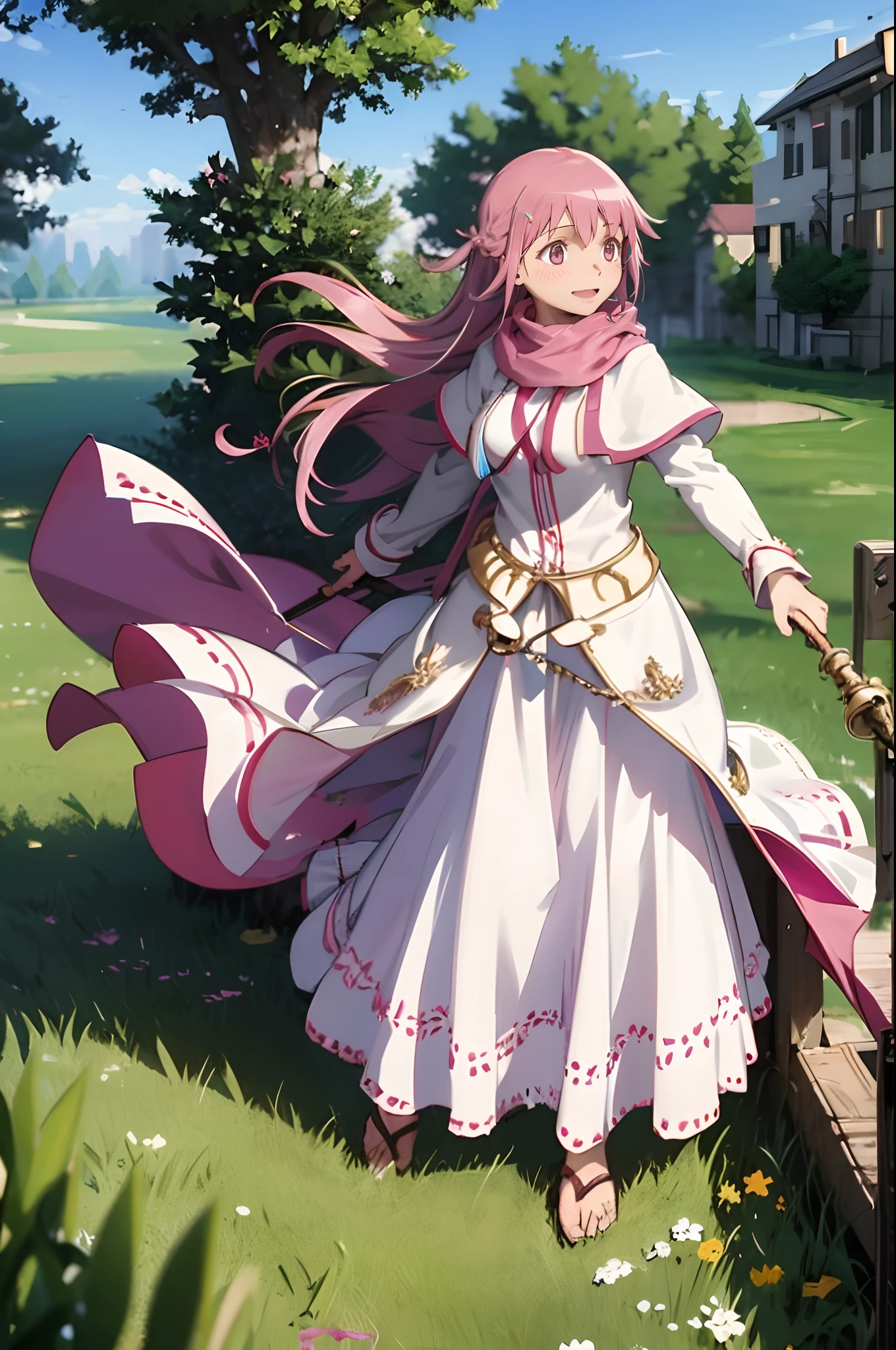 , (masterpiece:1.2), (best quality:1.15), extremely detailed,1girl, detailed,1girl, solo, madoka, long hair, pantyhose,, long dress, priestess, whitecloths, long skirt, pink robe, , standing, full body, medium breast, mature woman, tallgirl, standing,smile,, pink eyes madoka, tutu, long skirt, pink dress,big breast, curvy,, holding staff, white cloak, pink scarf, flipflops, medieval fantasy setting, rpg setting,, very long skirt,woman-medieval-clothes