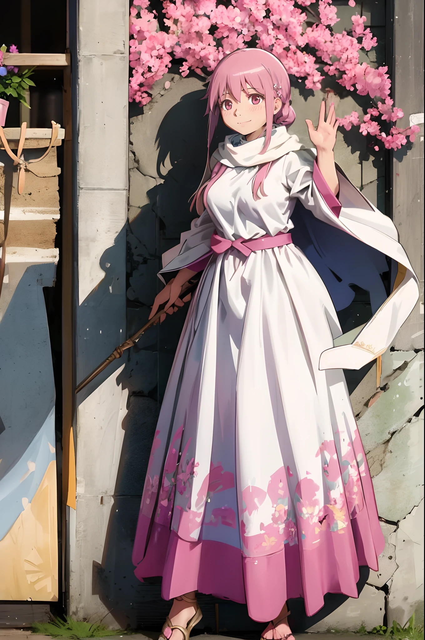 , (masterpiece:1.2), (best quality:1.15), extremely detailed,1girl, detailed,1girl, solo, madoka, long hair, pantyhose,, long dress, priestess, whitecloths, long skirt, pink robe, , standing, full body, medium breast, mature woman, tallgirl, standing,smile,, pink eyes madoka, tutu, long skirt, pink dress,big breast, curvy,, holding staff, white cloak, pink scarf, flipflops, medieval fantasy setting, rpg setting,, very long skirt,woman-medieval-clothes