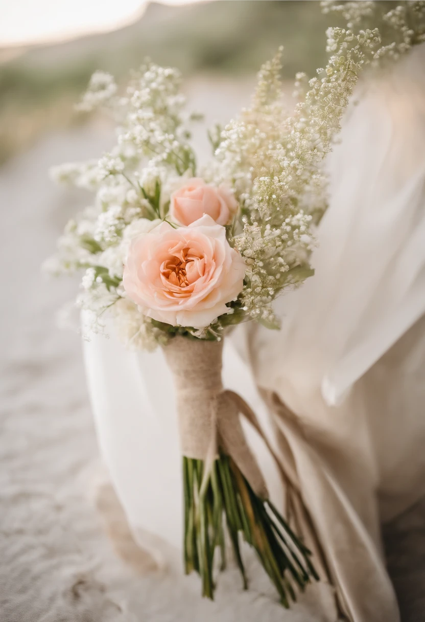 Genera una imagen que represente una boda de estilo minimalista. The background of the image should be white and I want it to include wildflowers as part of the decoration. Las flores deben ser de colores suaves y delicados, como tonos pastel. Quiero que la imagen transmita simplicidad y elegancia, evitando cualquier elemento decorativo excesivo. Por favor, Make sure that the flowers are arranged harmoniously and that the end result is a balanced and aesthetically pleasing image..