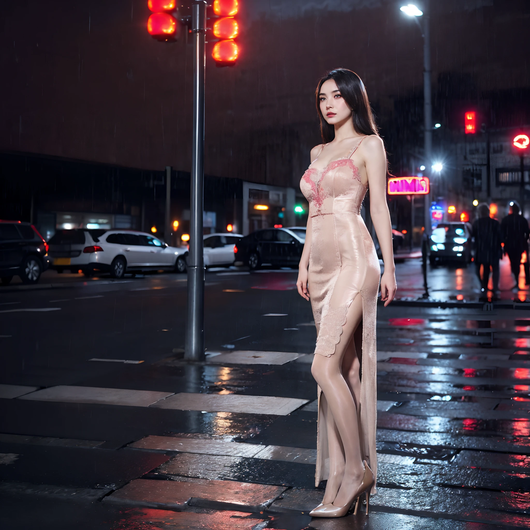 ((Best quality, 8K, Lace maxi dress, Standing in the rain, red light district, Highly detailed face and skin texture, Detailed eyes, Double eyelids.)Flesh-colored pantyhose,high-heels
