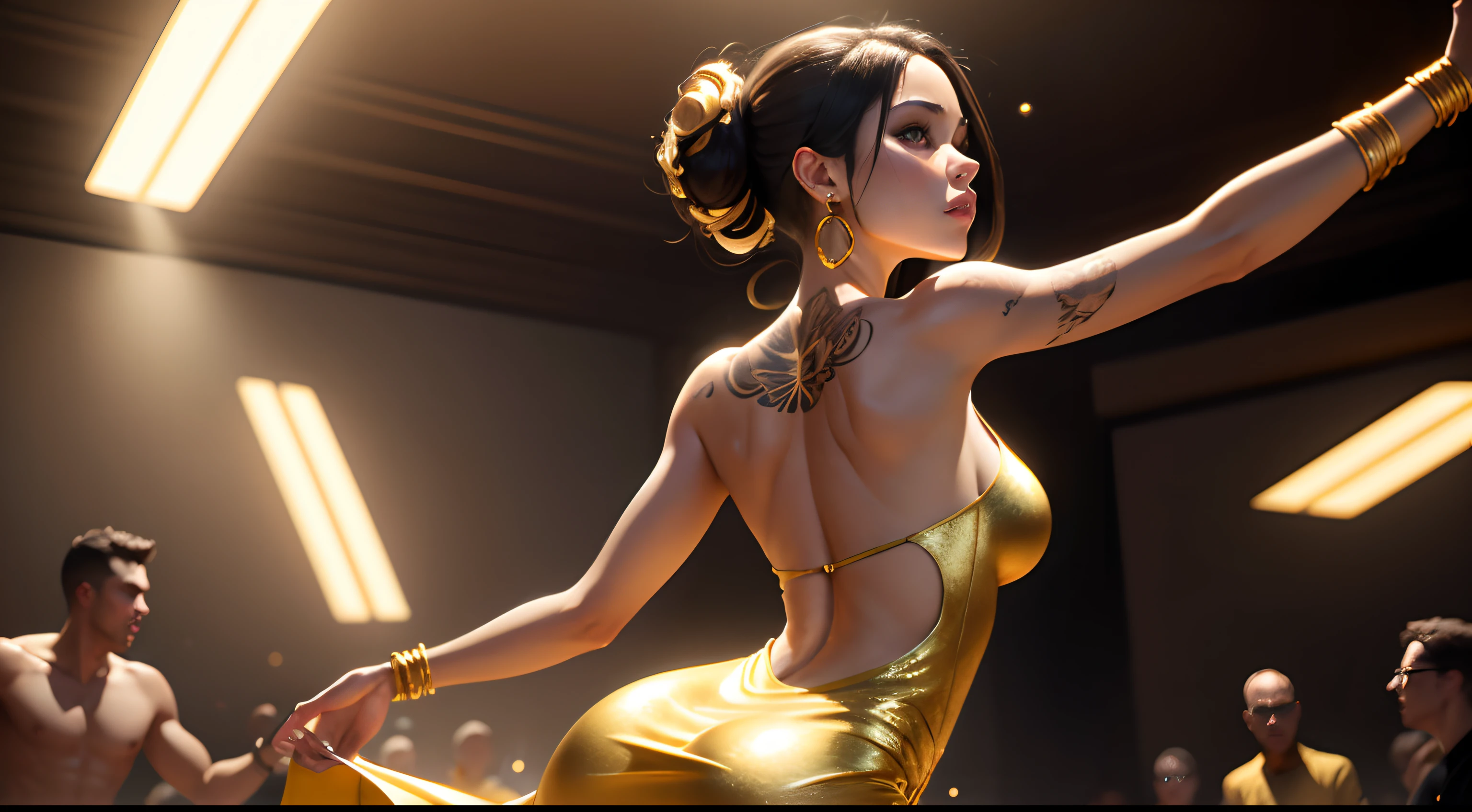 Gold tattoo with girl with golden earrings, In the style of vray tracing, Martin Ansin, yuumei, Poured, close up, Dark white and gold, speedpainting, masutepiece, Best Quality,Skinny Legs,Gold Dress,Party Venue,