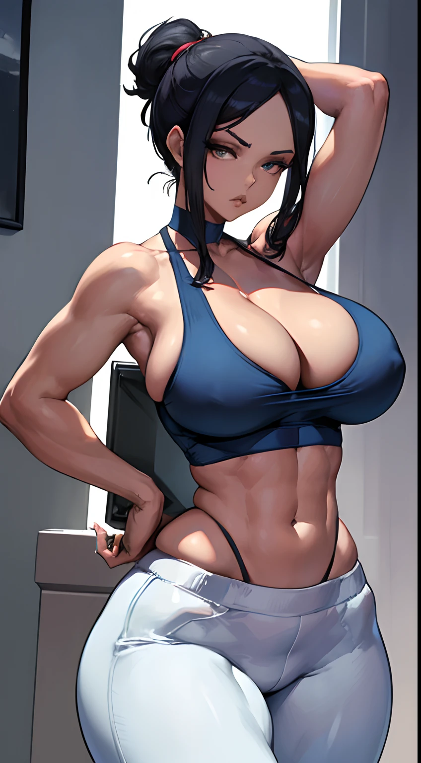 SFW (melhor qualidade, 4k, master part :1.3), mulher bonita, Hiper realista, 1girl, (massive breasts, corpo atraente :1.2), abdominais :1.1, corpo molhado :1.2), (Mesmo, Rosto ultra-detalhado, Detailed lips, olhos detalhados, Double eyelidm, seios pendurados, visible curves, sexy, Pose do modelo, Wii Fit Trainer
Coloured skin
White skin
ponytail
Cutting top
Capri Pants
diaphragm