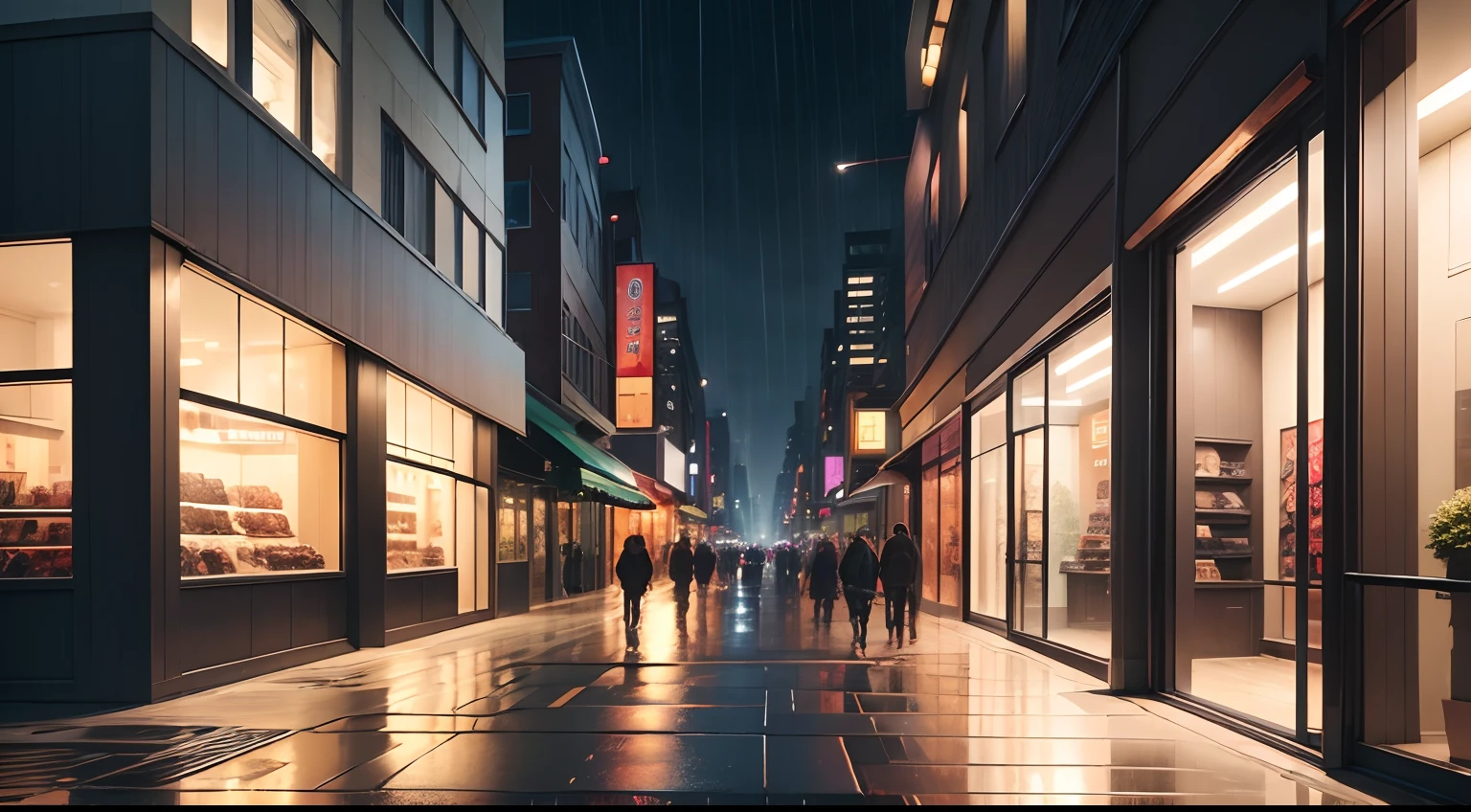 (high res,photorealistic:1.2),urban landscape,full shot,contemporary,rainy storefronts,no roof shopping street