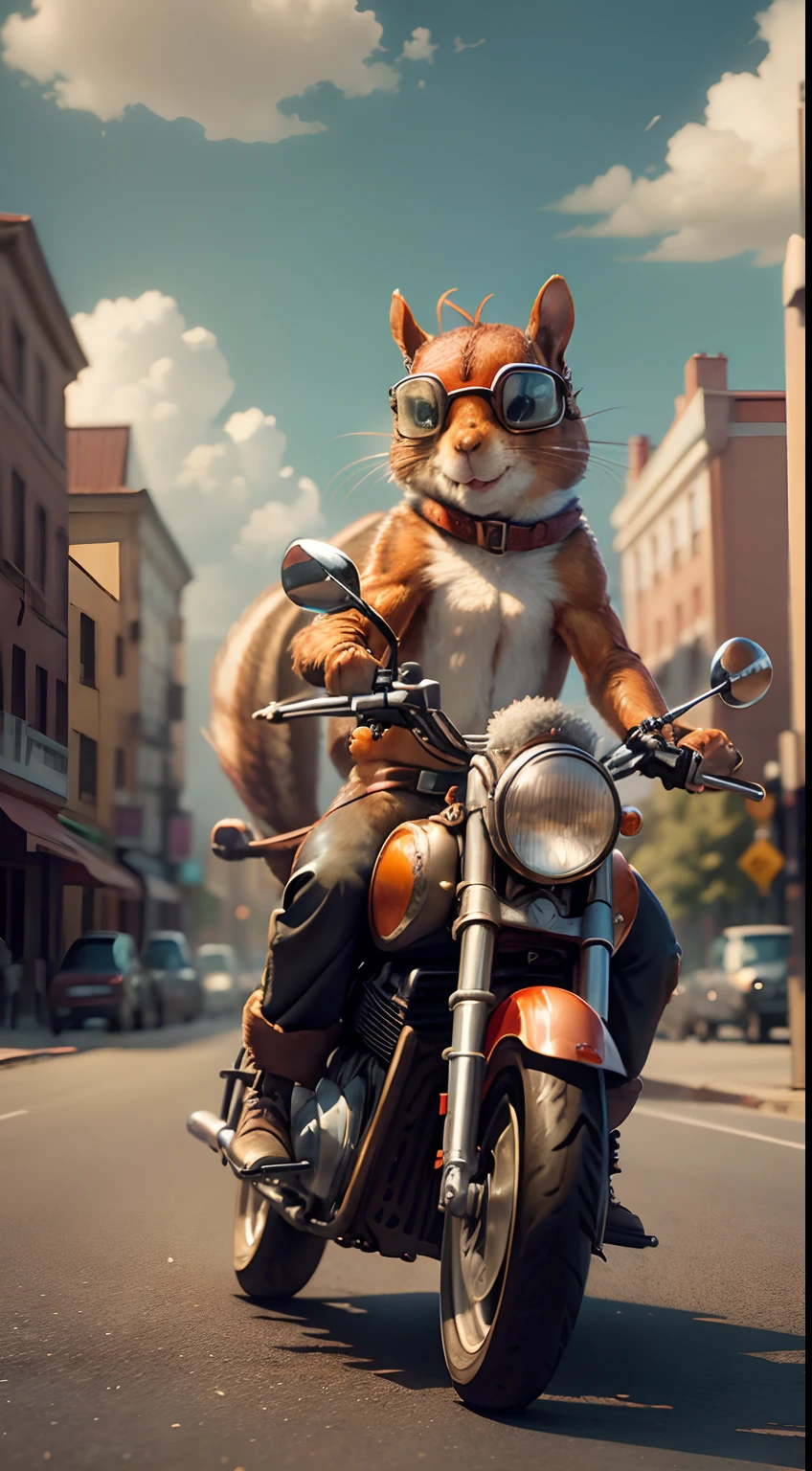 (masterpiece), best quality, a squirrel [riding : driving: 7] on a motorcycle, mini airplane, close up, cute, fantasy, on street, night, freedom, wind, steam punk style, no_humans, (goggles), tail (, squirrel tail, freedom feeling, good vibes, happy atmosphere, BREAK the squirrel is happy, the squirrel has a beautiful furr, the squirrel furr is swaying in the wind, the motorcycle has two wheels, BREAK vivid colors, gorgeous clouds, incredible, amazing, breath taking, award winner image, 4k,high res, absurdes, detailed