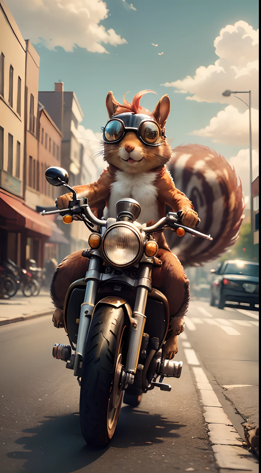 (masterpiece), best quality, a squirrel [riding : driving: 7] on a motorcycle, mini airplane, close up, cute, fantasy, on street, night, freedom, wind, steam punk style, no_humans, (goggles), tail (, squirrel tail, freedom feeling, good vibes, happy atmosphere, BREAK the squirrel is happy, the squirrel has a beautiful furr, the squirrel furr is swaying in the wind, the motorcycle has two wheels, BREAK vivid colors, gorgeous clouds, incredible, amazing, breath taking, award winner image, 4k,high res, absurdes, detailed