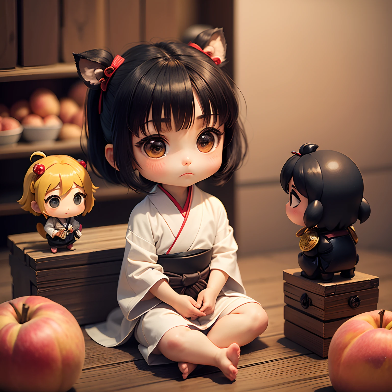 masterpiece、top-quality、ultra-detailliert、(Chibi Chara Momotaro:1.2)、Sit on peaches、Zashiki、