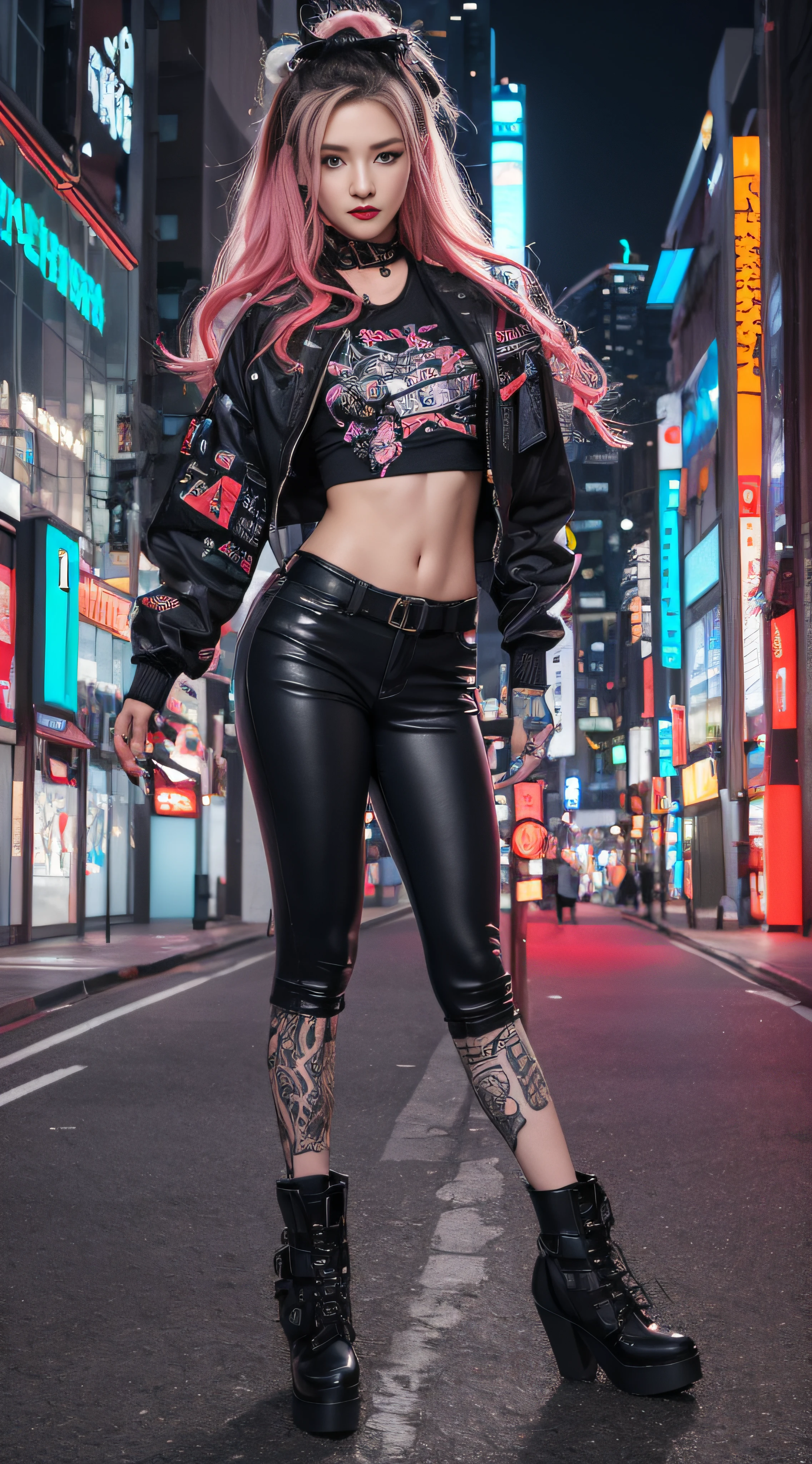 masterpiece, best quality, 1 cyberpunk girl, full body shot, looking at viewer, Confident cyberpunk girl with sassy expression, Harajuku-inspired pop outfit, bold colors and patterns, eye-catching accessories, trendy and innovative hairstyle, vibrant makeup, dark night cityscape, bright and vivid color scheme, detailed skin texture, detailed cloth texture, beautiful detailed face, intricate details, ultra detailed.