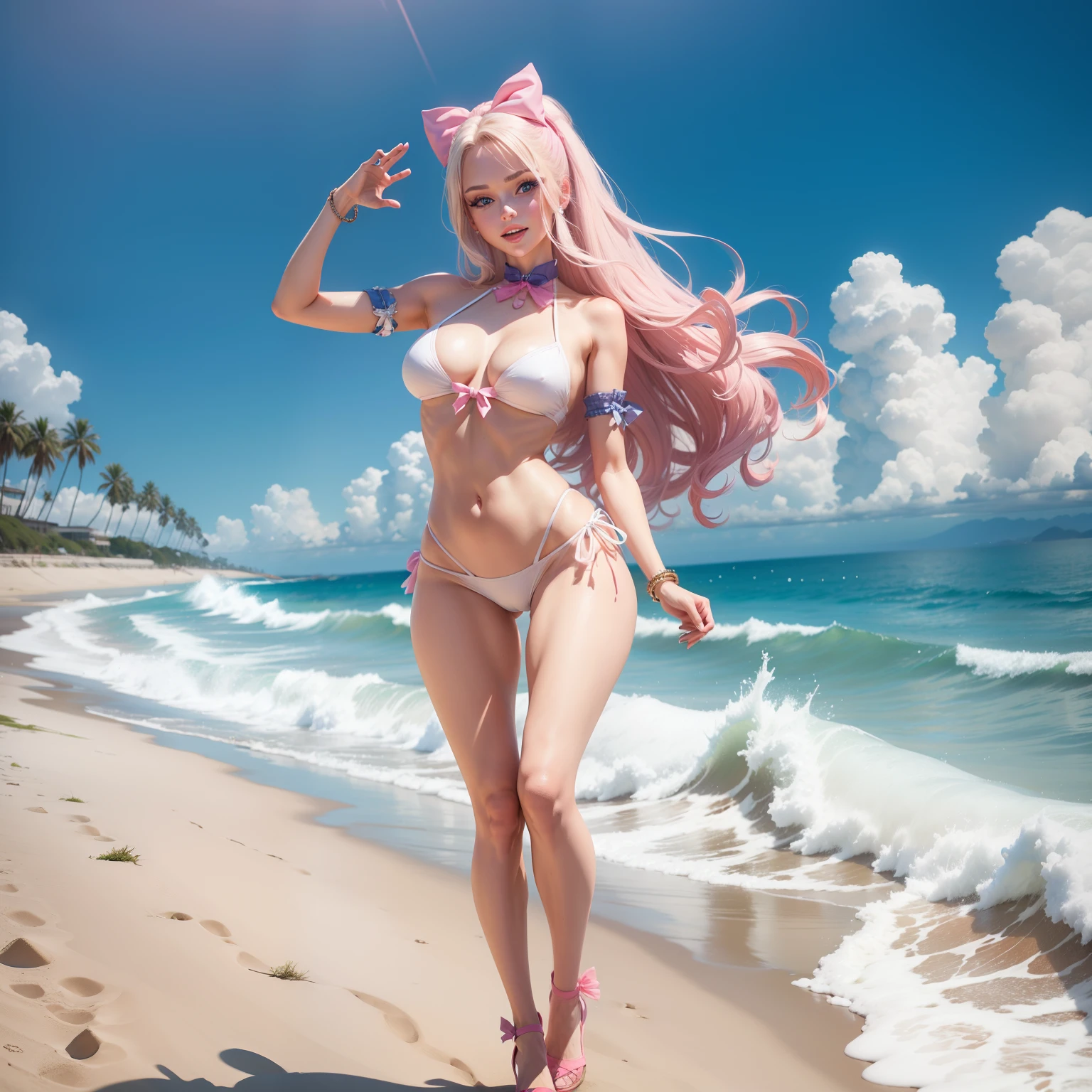 One Barbie, ((Full body)),8th class, Blue eyes, Smiling face, Hair loss swaying in the wind, Hip Hop Singer Pose, Dressed in hip-hop style,White Bikini,swarovski,pasties,With a pink bow on the arm, Fashion, Extremely high quality, high details, 8K, clean back ground, in studio, ((Full body shot)),Align your fingers neatly,Accurate Hand Modeling,wave her hand,Streets of West Coast Beach