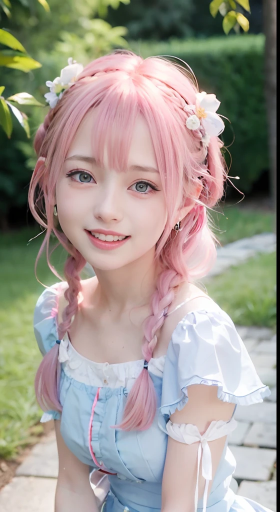 (ultra-detailliert), Light blue cute princess dress,(frilly dress),(shortsleeves),Blue eyes,The upper part of the body、a closeup、faces、(A smile:1.5),(facing front:1.2), 20yr old, s girl,no tail,(no tail),2D, masterpiece, top-quality, Band Group Vocals, a closeup, Stand Microphone, Mouth open, A detailed eye, A detailed face, girl with, Only 1 person,Pink Hair Medium Hair, (Pink hair), Ear Hair, small tits, Single braid, (Single braid), (Side braid), Pink ribbon, Ribbon around the neck, (White sleeves), Background bokeh