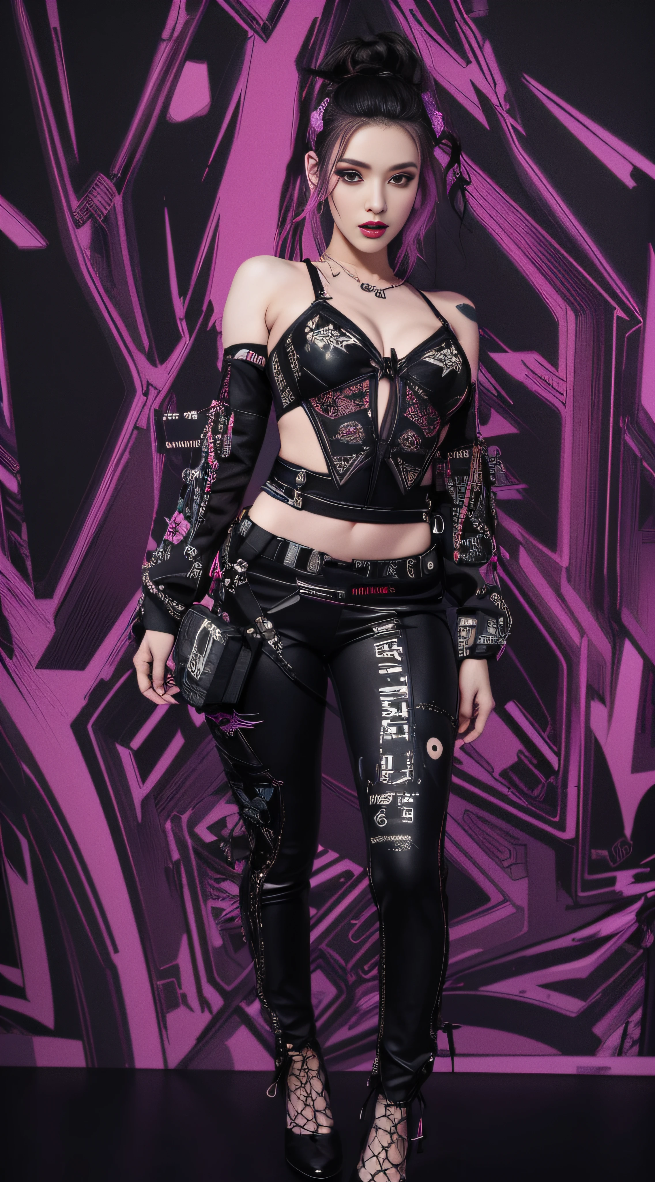 masterpiece, best quality, 1 cyberpunk girl, full body shot, looking at viewer, Confident cyberpunk girl with sassy expression, Harajuku-inspired pop outfit, bold colors and patterns, eye-catching accessories, trendy and innovative hairstyle, vibrant makeup, dark night black background, bright and vivid color scheme, detailed skin texture, detailed cloth texture, beautiful detailed face, intricate details, ultra detailed.
