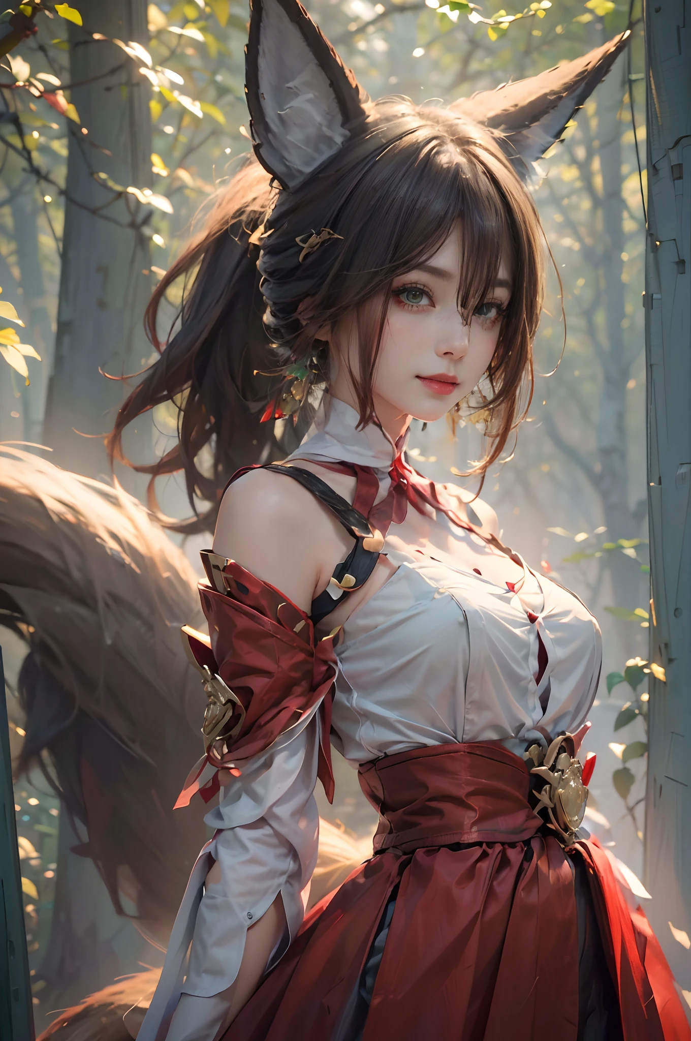 (best quality,4k,8k,highres,masterpiece:1.3),ultra-detailed,(realistic,photography,photo-realistic:1.37), smooth, smooth skin texture, real life, 1girl, fox girl, green eyes, naughty, smiling, TingYun, tingyun from Honkai Starrail, earringsbrown hair, animal ears, ponytail, hair ornament, green eyes, red eyeshadow, jewelry, detached sleeves, medium breasts, dress, tail, bracelet, one tail, mouth slightly open, wandering in the forest, red riding hood, sexy, misty