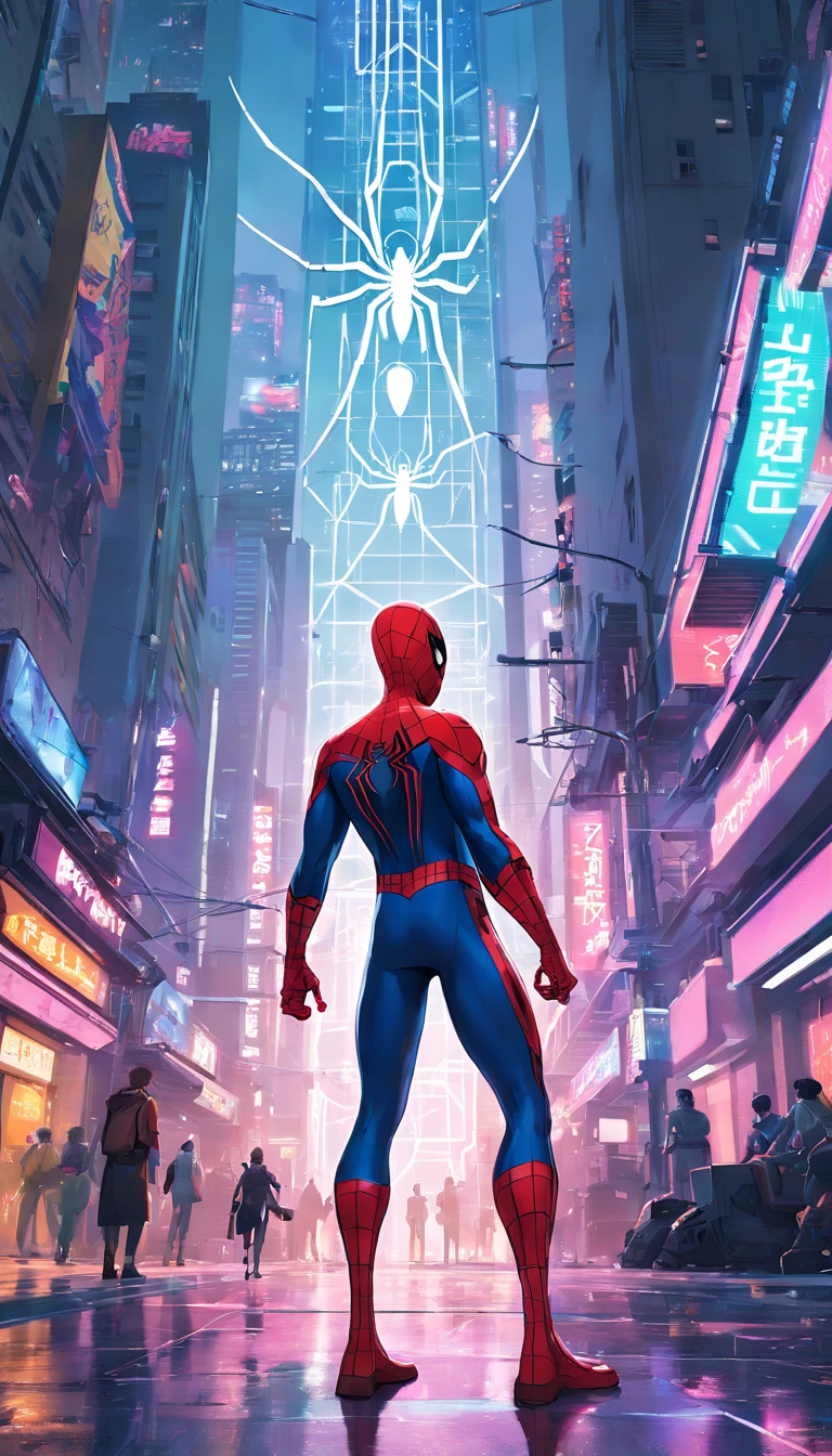 Get ready to witness the merging of the world of White Spider-Man and cyberpunk in one stunning image. Nesta obra-prima visual 8K, You will be transported to a futuristic and dystopian environment, Marvel's Iconic Heroes Get a New Look.

Homem-Aranha Branco aparece na imponente paisagem urbana, Dominated by huge skyscrapers and glowing holographic advertisements. Neon reflects your cybernetic armor, The contrast between the protagonist's characteristic red and blue colors and the oppressive darkness of the environment.

Seu traje, Remodelado para se adequar ao estilo cyberpunk, features metallic details and futuristic lines, Combines functional and futuristic aesthetics. Advanced Fabrics, Decorated with optical circuits, When White Spider-Man prepares to face the challenges of this chaotic world，It seems to pulse with electronic energy.

The surrounding city is full of cyberpunk-style features, Como um carro voador, cyber implants, Drones and robots, Add a unique and technological atmosphere to your images. The contrast between the grandeur of the building and the presence of Spider-Man in this dystopian landscape conveys a kind of solitary heroism and resilience in the face of adversity.

A impressionante qualidade 8K torna cada detalhe claro e realista, From the intricate web launched by White Spider-Man to every reflection and texture in the futuristic environment.

Get ready to marvel at the epic meeting point between the Spider-Man universe and cyberpunk aesthetics, Na imagem，It will capture your imagination and transport you to a world of action, Tecnologia e aventura se unem perfeitamente.