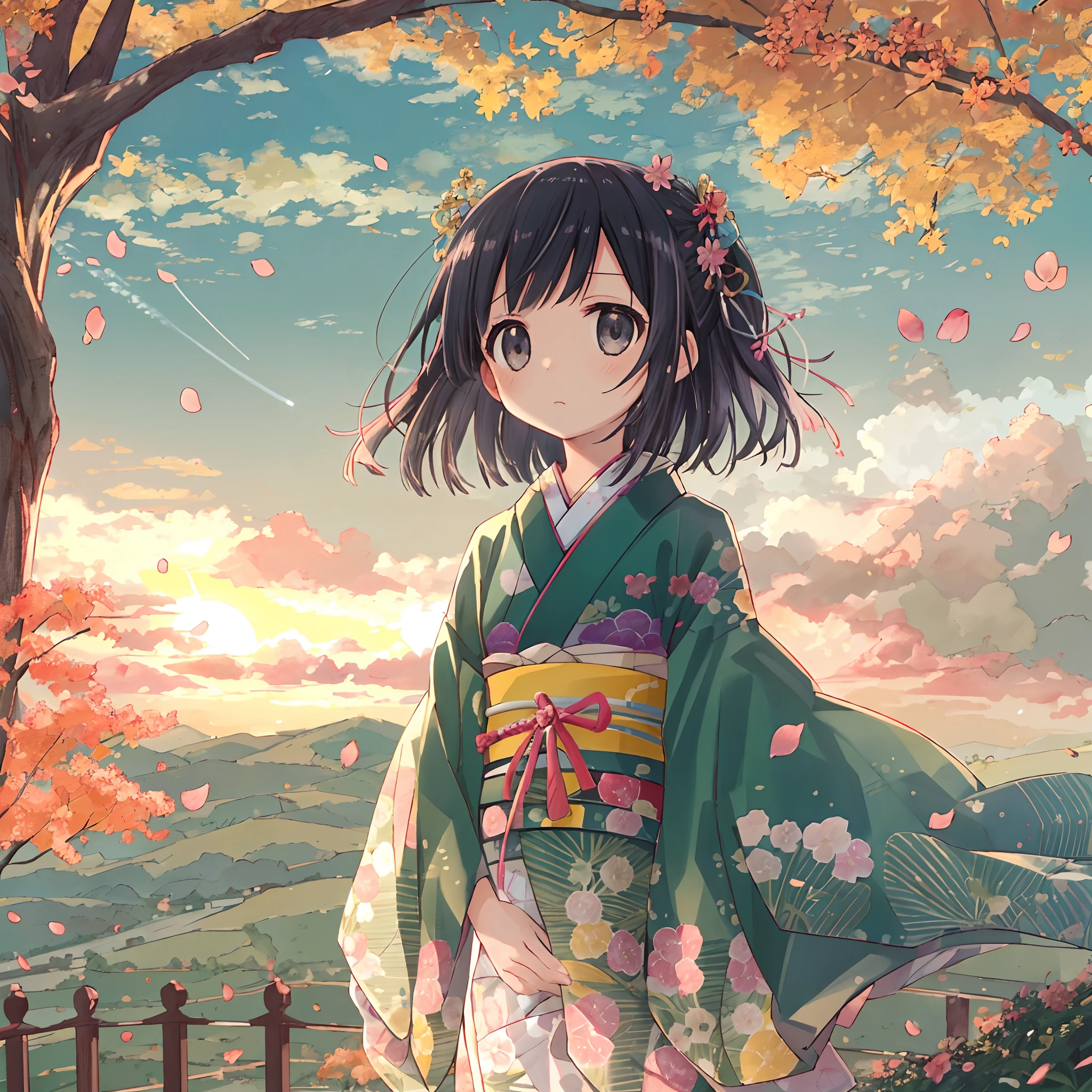 absurderes, hight resolution, (Anime style:1.1), ((masutepiece)), ((Best Quality)), (Ultra-detailed), (Beautiful), 独奏, Beautiful face、(liftup)、Cute little girl standing on beautiful delicate countryside sunset background、Beautiful endless sky,Wind,shiny pale black hair、 fine black eyes,Ephemeral,,Looking at Viewer,Dramatic,、(full body Esbian)、14years、high-angle、、Cute pink kimono figure、both、Detailed beautiful sunset on background、contrail、(Shoku:1.3)、Colored leaves、Colored leaves、Elegant woman