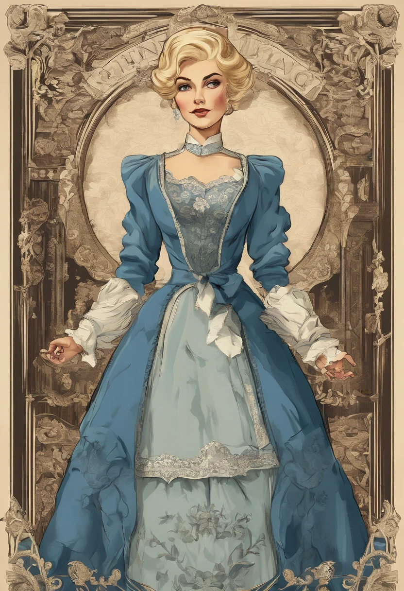 A stunningly beautiful but frustrated blonde maiden wearing an elegant formal Victorian morning dress of fine blue wool