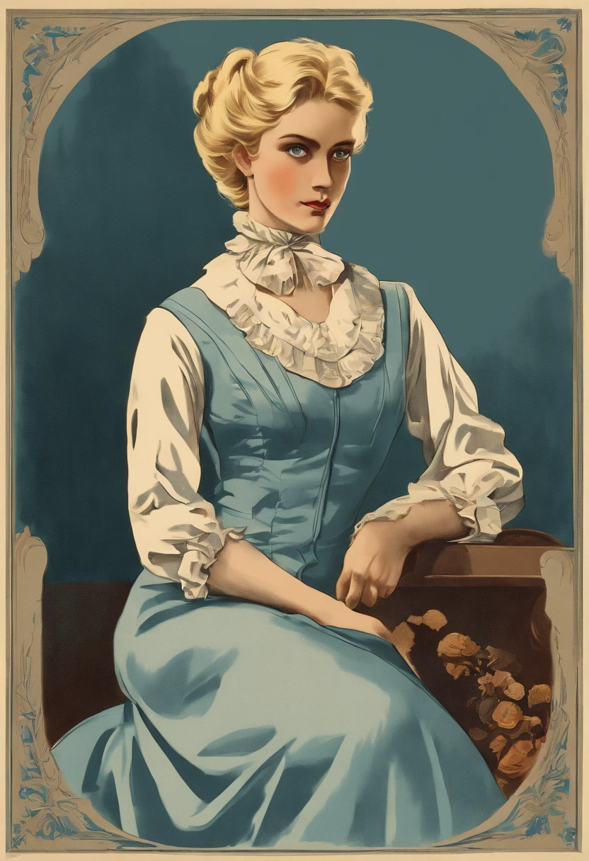 A stunningly beautiful but frustrated blonde maiden wearing an elegant formal Victorian morning dress of fine blue wool