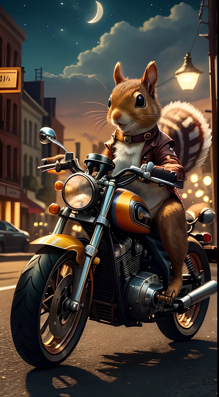 (masterpiece), best quality, a squirrel [riding : driving: 7] on a motorcycle, mini airplane, close up, cute, fantasy, on street, (night:1.3), freedom, wind, jacket,steam punk style, no_humans, tail (, squirrel tail, freedom feeling, good vibes, happy atmosphere, BREAK the squirrel is happy, the squirrel has a beautiful furr, the squirrel furr is swaying in the wind, the motorcycle has two wheels, BREAK vivid colors, gorgeous clouds, incredible, amazing, breath taking, award winner image, 4k,high res, absurdes, detailed