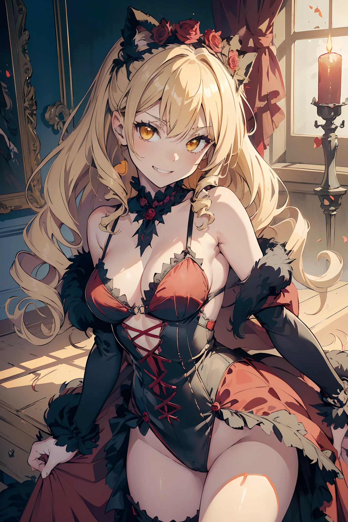 (masterpiece, high quality, detailed), 1girl, vampire girl, big poofy sandy-blonde hair, bright yellow eyes, hair drills, smug grin, (wearing slutty red dress), (plunging neckline), black fur trim, small beasts, petite, provocative, flowing cape, haunted castle interior, scattered rose petals, spooky, horror, portrait