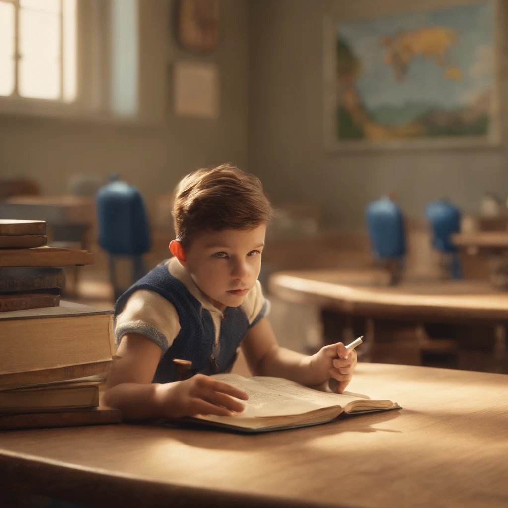 Very cute little boy cartoon character, Salle de classe, avec des amis qui regardent un enseignant raconter des histoires, Moteur Unreal, Warm interior lighting, Station des arts, Detailed digital painting, cinematic, Conception des personnages par Mark Ryden, Pixar et Hayao Miyazaki, Unreal 5, DAZ, Hyperrealistic, octane rendered