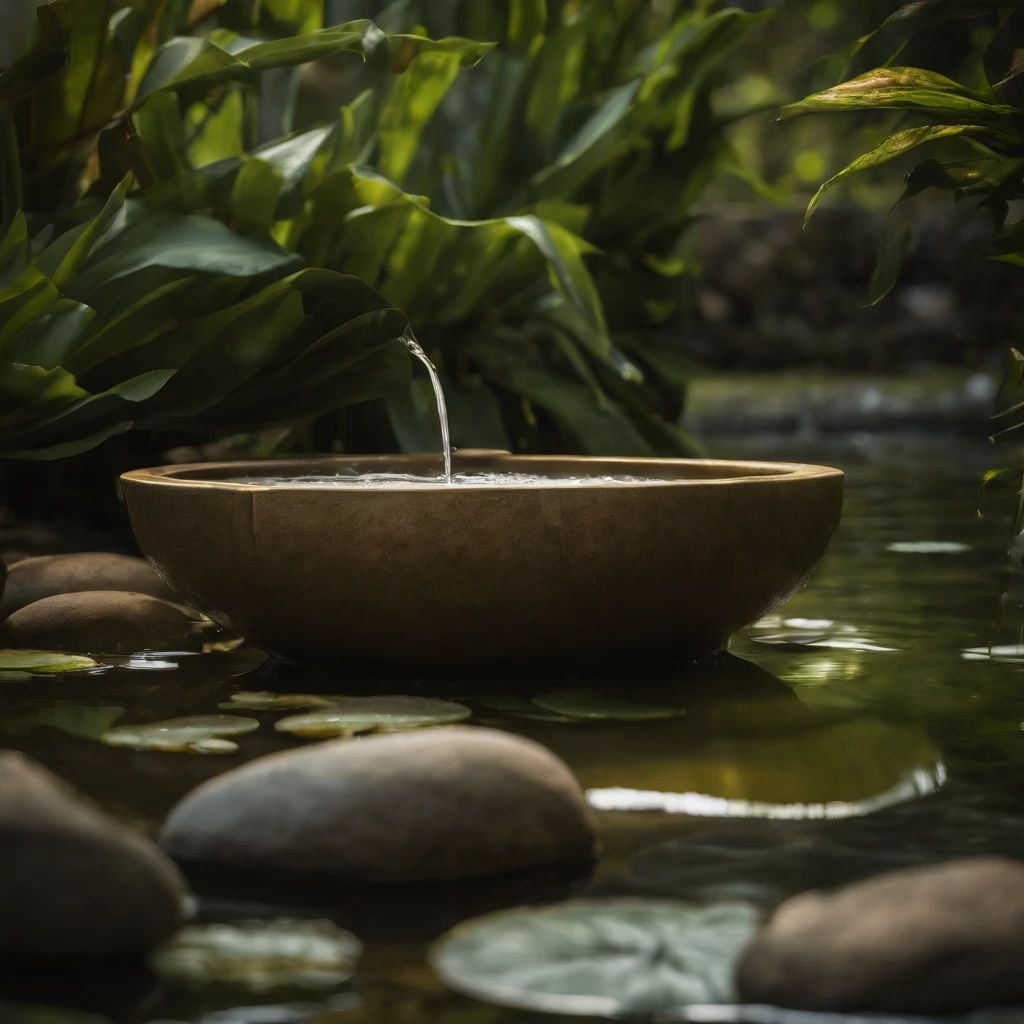 (best quality,highres,photo-realistic:1.37),bamboo fountain,water lilies,spa stones,serene atmosphere,gentle water flow,zen garden,harmonious,peaceful,sunlight filtering through leaves,natural materials,reflective surface,soothing colors,stress relief,tranquility