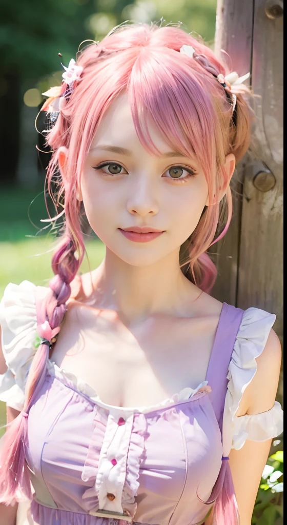 (ultra-detailliert), Cute princess dress in pink color,(frilly dress),(shortsleeves),Blue eyes,The upper part of the body、a closeup、faces、(A smile:1.5),(facing front:1.2), 20yr old, s girl,no tail,(no tail),2D, ​masterpiece, top-quality, Band Group Vocals, a closeup,  Stand Microphone, Mouth open, A detailed eye, A detailed face, girl with, Only 1 person,Pink Hair Medium Hair, (Pink hair),  Ear Hair, small tits, Single braid, (Single braid), (Side braid), Pink ribbon, Ribbon around the neck, (White sleeves), Background bokeh