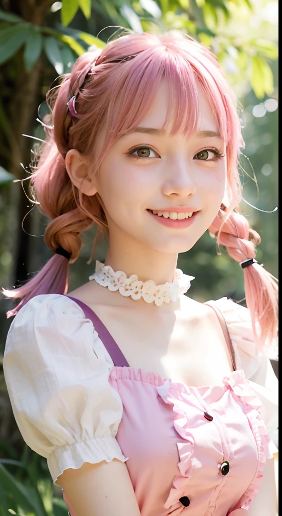 (ultra-detailliert), Cute princess dress in pink color,(frilly dress),(shortsleeves),Blue eyes,The upper part of the body、a closeup、faces、(A smile:1.5),(facing front:1.2), 20yr old, teens girl,no tail,(no tail),2D, ​masterpiece, top-quality, Band Group Vocals, a closeup,  Stand Microphone, Mouth open, A detailed eye, A detailed face, girl with, Only 1 person,Pink Hair Medium Hair, (Pink hair),  Ear Hair, small tits, Single braid, (Single braid), (Side braid), Pink ribbon, Ribbon around the neck, (White sleeves), Background bokeh