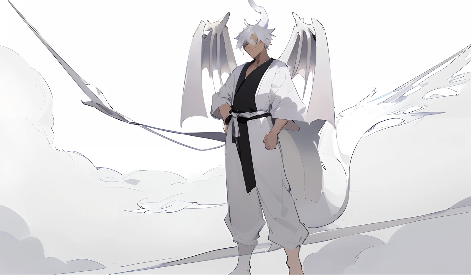 drawing of a man in a robe and a hat with wings, simple lineart, thick lineart, bold lineart, young male anthro dragon, clean lineart, clean anime outlines, sketchy artstyle, as an anthropomorphic dragon, thick black lineart, doing an elegant pose over you, soft outlines