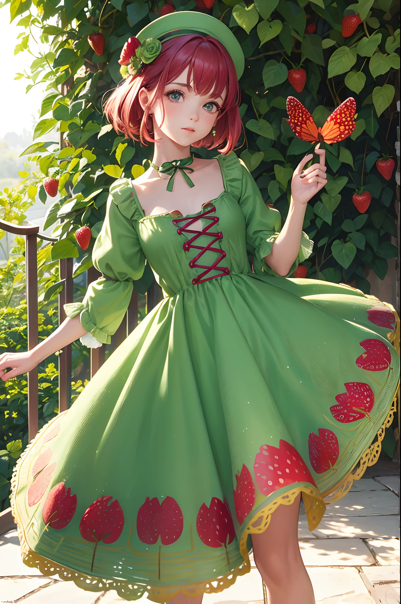 a girl, vestido como um morango, ((cabelo rosa forte ondulado)), meias brancas, olhos brilhantes verdes brilhantes, Atmospheric Illumination, Estilo realista, Vivid red and green color palette, Cheerful and whimsical composition, Intricate strawberry patterns on the dress, Realistic strawberry hat texture, folhagem verde exuberante no fundo, Translucent shadows, Strawberry Themed Accessories, riso alegre e contagiante, beleza inocente e pura, Charming and captivating presence, Playful interaction with butterflies and ladybugs. (best quality, Realistic, Obra-prima com tema de morango: 1.2), ultra-detalhado, cores vibrantes, Summer garden scenery, olhos brilhantes verdes brilhantes, Estilo realista, Intricate strawberry patterns, folhagem verde exuberante, atmosfera alegre,