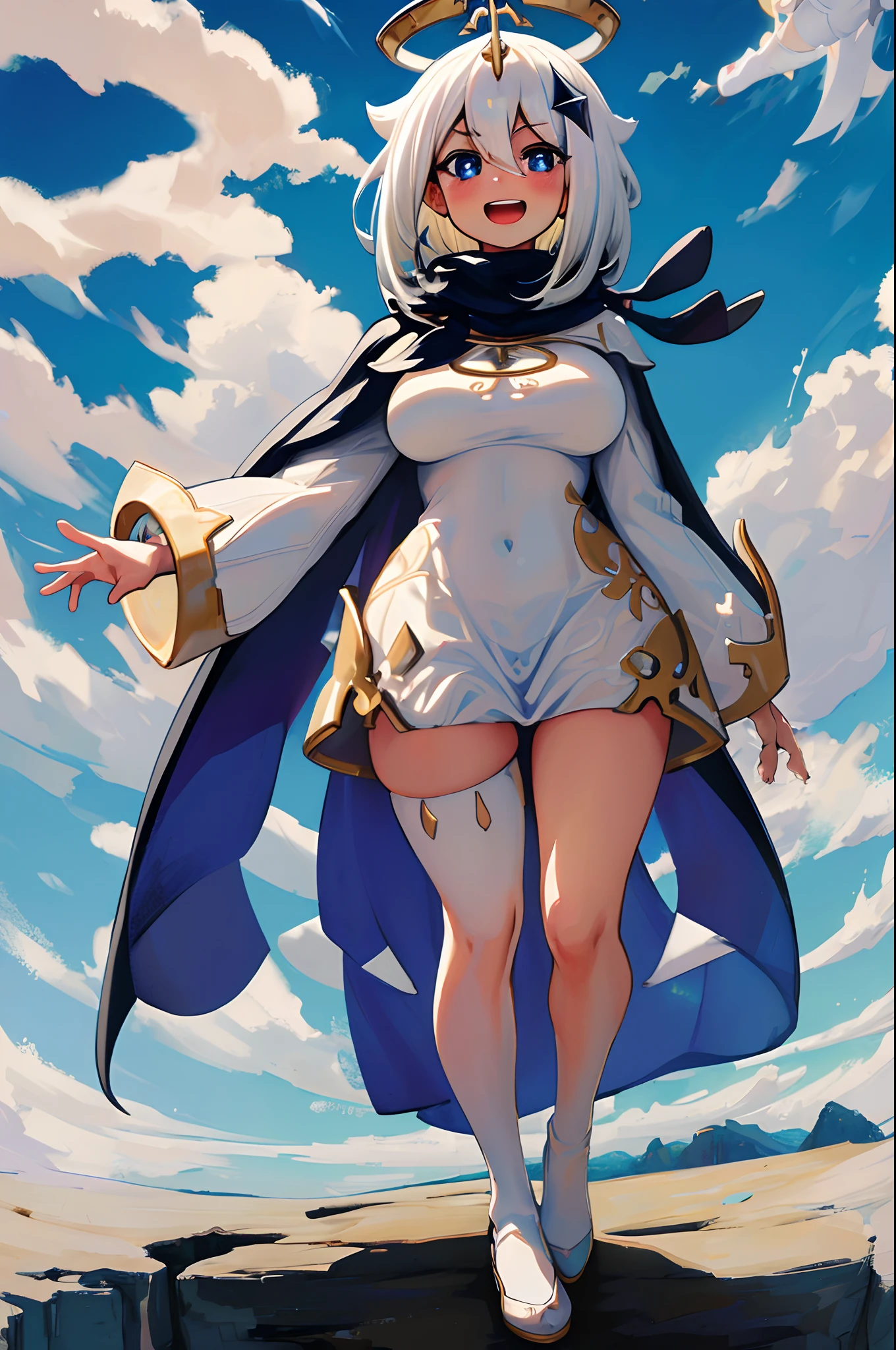 best quality, masterpiece, highres, solo, {paimon_genshin:1.15}, white_hair, halo, hair_ornament, blue_eyes, hair_between_eyes, short_hair, bangs, open_mouth, blush, smile, cape, 1girl, dress, long_sleeves, looking_at_viewer, scarf, white_dress, full body, tallgirl, huge breast, curvy, bimbo, full body standing,pullover