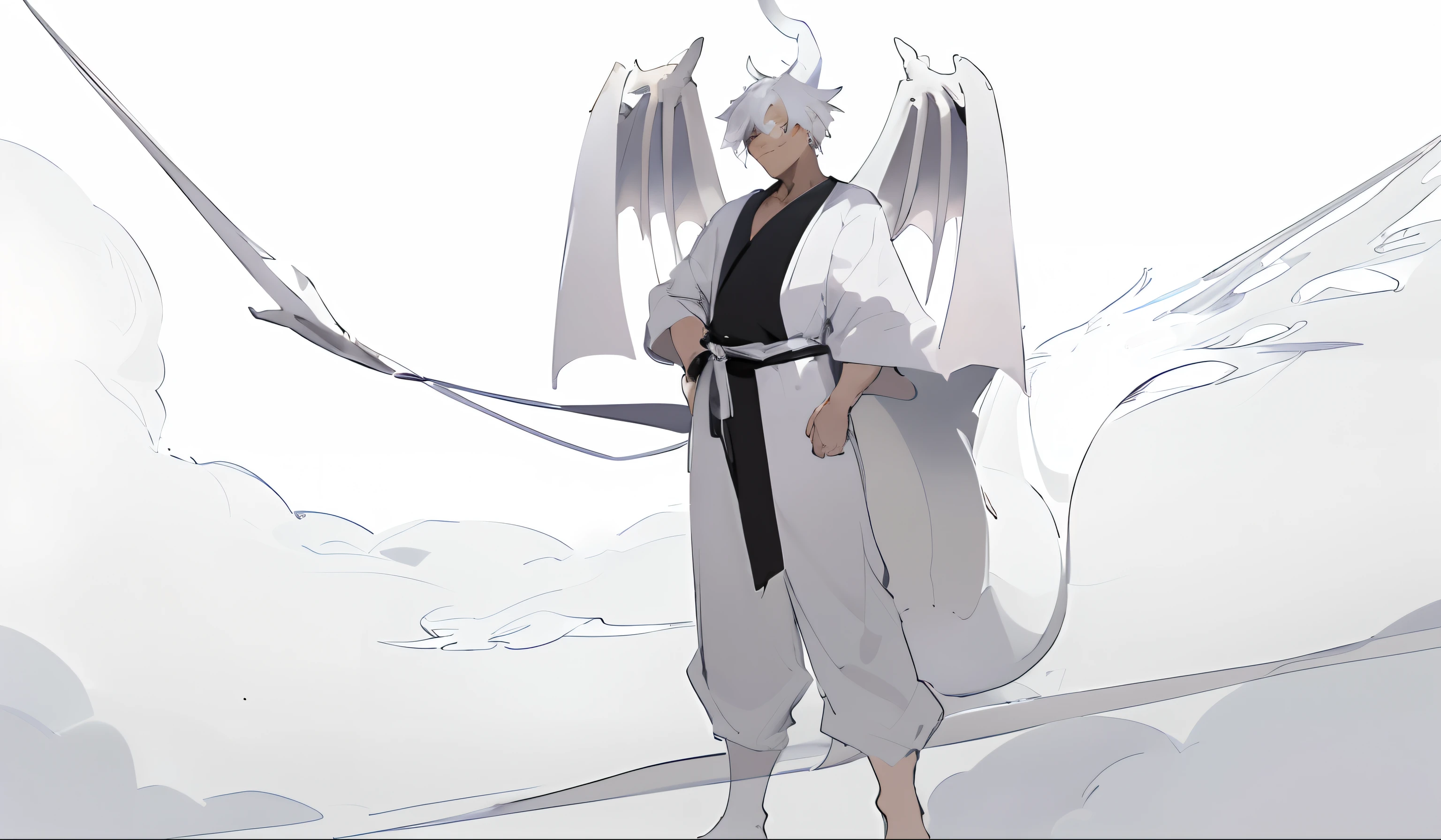 drawing of a man in a robe and a hat with wings, simple lineart, thick lineart, bold lineart, young male anthro dragon, clean lineart, clean anime outlines, sketchy artstyle, as an anthropomorphic dragon, thick black lineart, doing an elegant pose over you, soft outlines