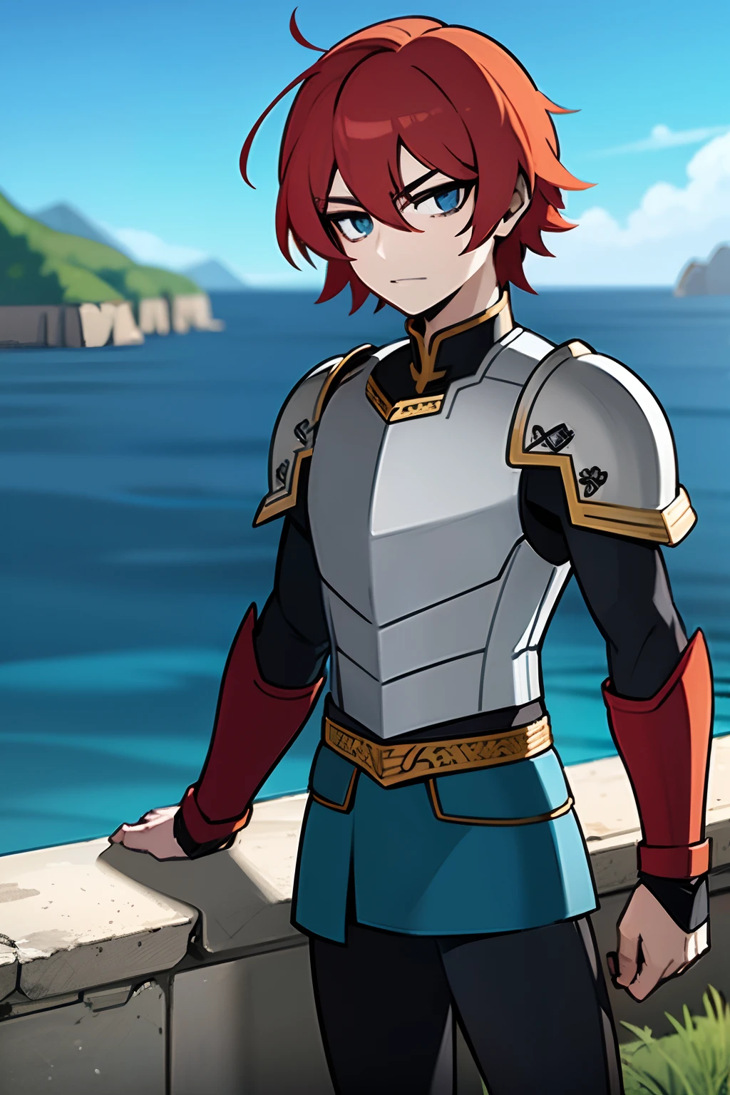 young man, red hair, blue eyes, knight armor, silver armor, blue tunic, on a montain lands, 4k, looking at viewer, sea on distance background