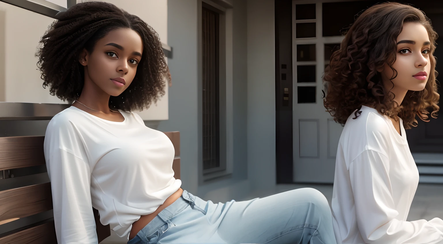 white blouse with long sleeves, medium denim skirt, white sneakers, young woman with dark skin, curly and voluminous brown hair, expressive eyes, naturally full lips,