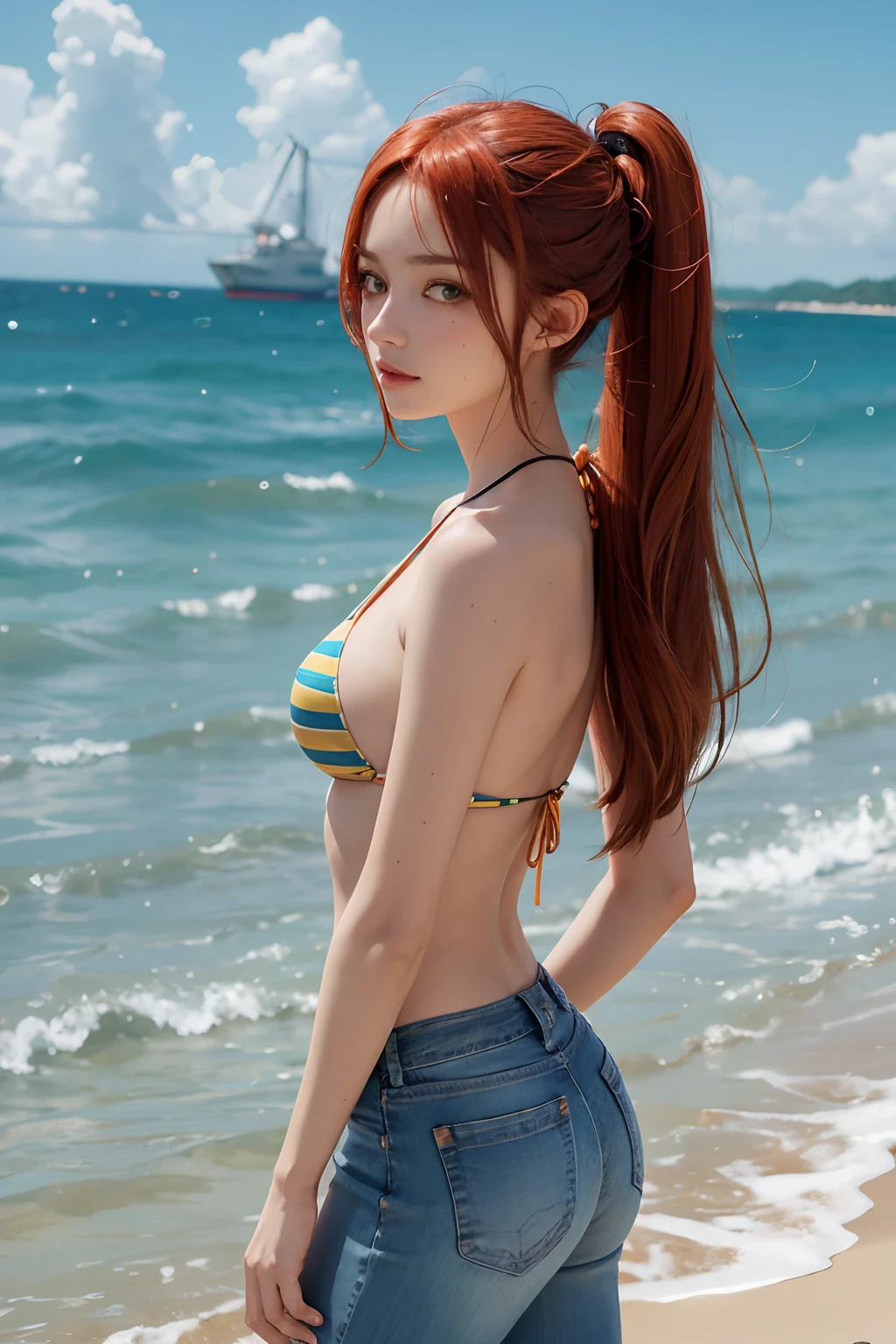 Personagem de anime de One Piece，Nos，Sweet Eastern European mixed-race guy，Preservar detalhes do personagem，，long, flowing orange hair，Wearing a green striped bikini，jeans apertado，Backgroun do mar，，navios piratas，realismo ultrarrealista, Sombreamento, Anaglyph, estereogramas, angle of view, atmosphric perspective, 8k, Super Detalhe, ccurate, best quality