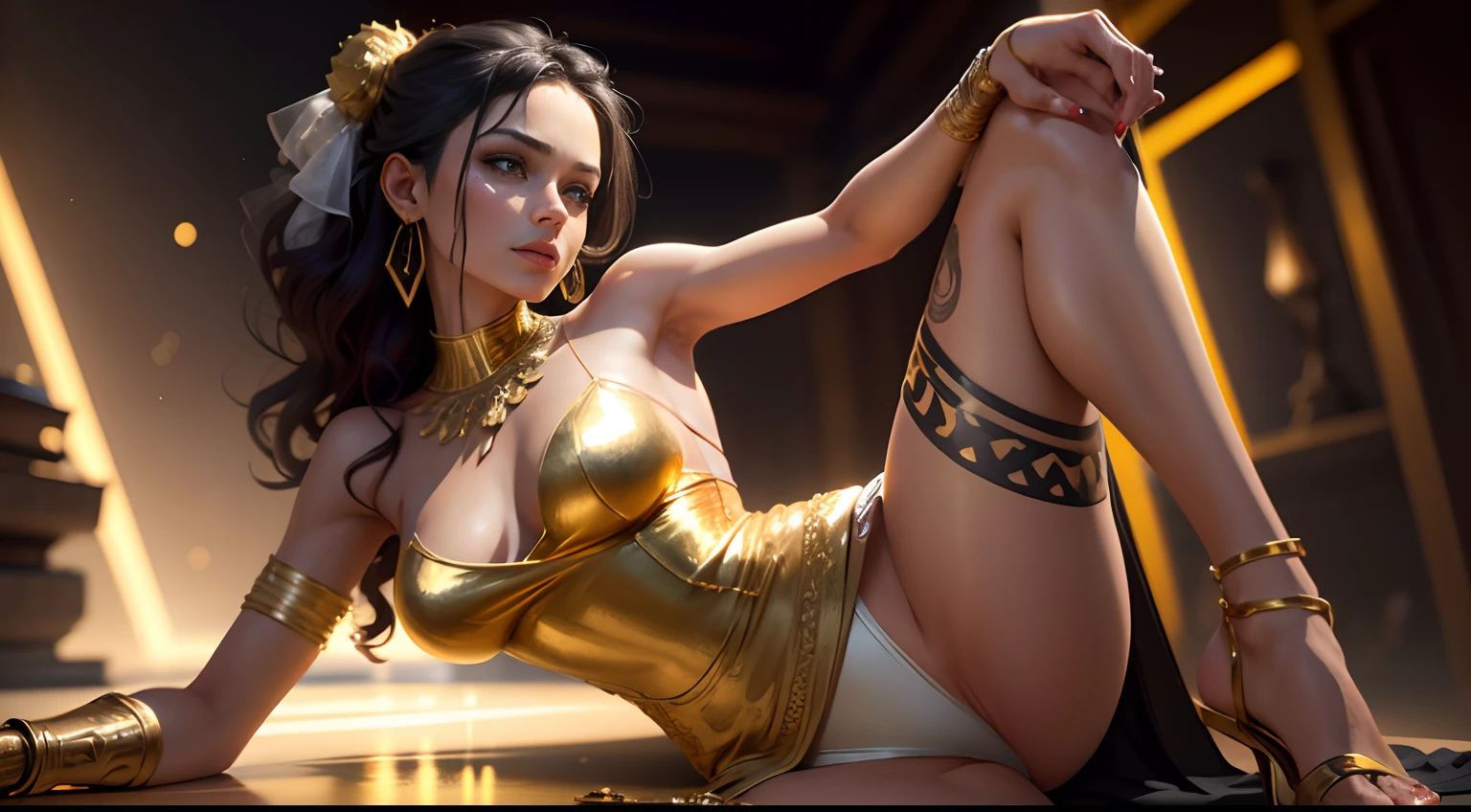 Gold tattoo with girl with golden earrings, In the style of vray tracing, Martin Ansin, yuumei, Poured, close up, Dark white and gold, speedpainting, masutepiece, Best Quality,Skinny Legs,Gold Dress,Party Venue,