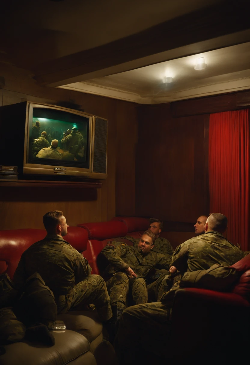 soldiers in a room watching television