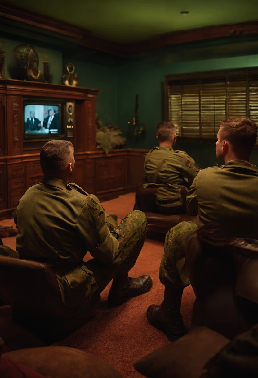soldiers in a room watching television