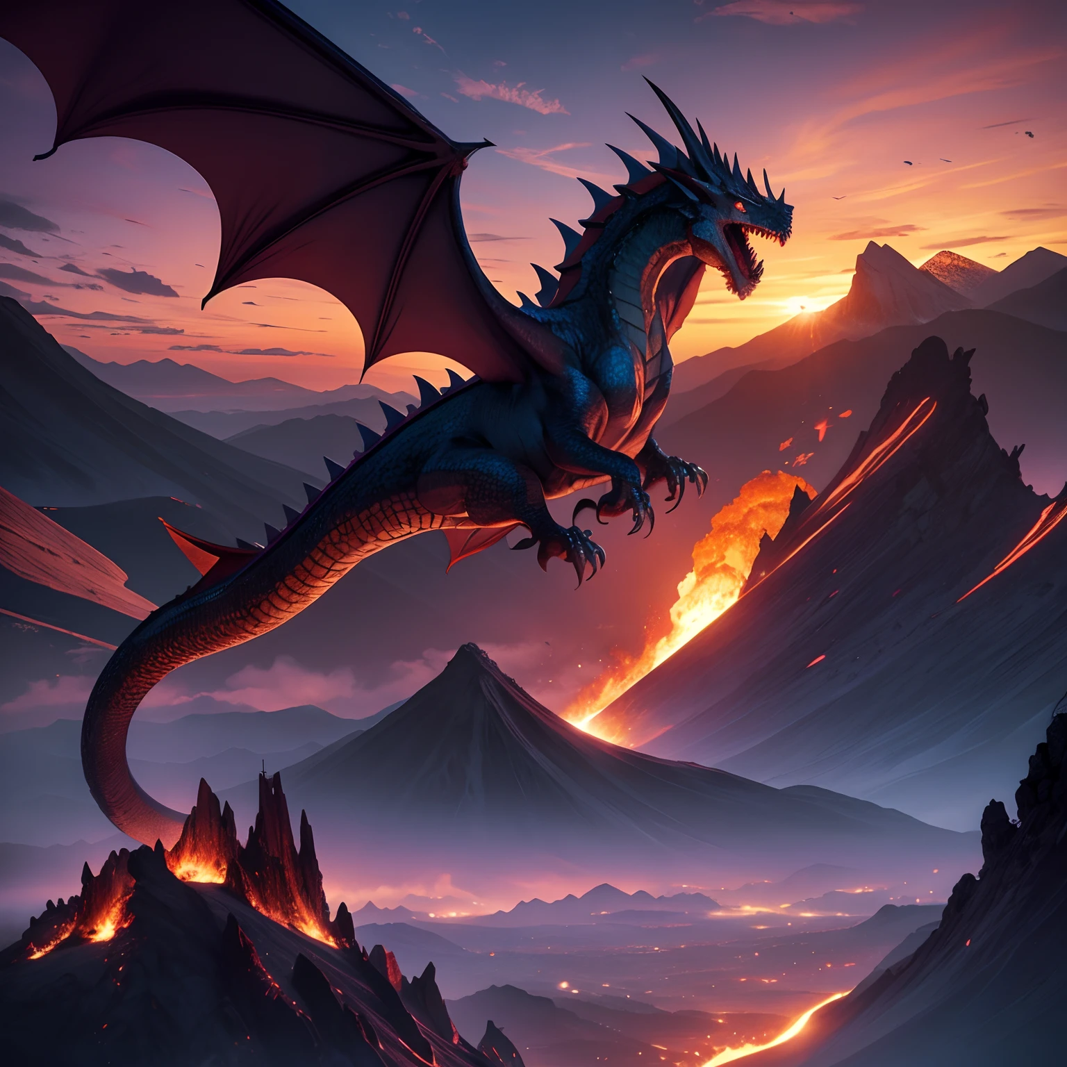 A dragon flies in the sky, ((realisti, photo-realistic: 1.3), Extremely refined and beautiful, astounding, finely detail, an intricate, (((dragon, Surrounded by flames, Black Mountains, the trees, magma, the wind, Long wavy body, hiquality, higly detailed, Epic))), particle fx, Dynamic Effects, Surround sound, Clouds, Sundown, sharp-focus, volumetric fog, 8K Ultra HD,  dslr, hiquality, (film grains: 1.4), Fujifilm XT3,official arts, 统一 8k 壁纸,surround light, holiness, back light, On the contrary