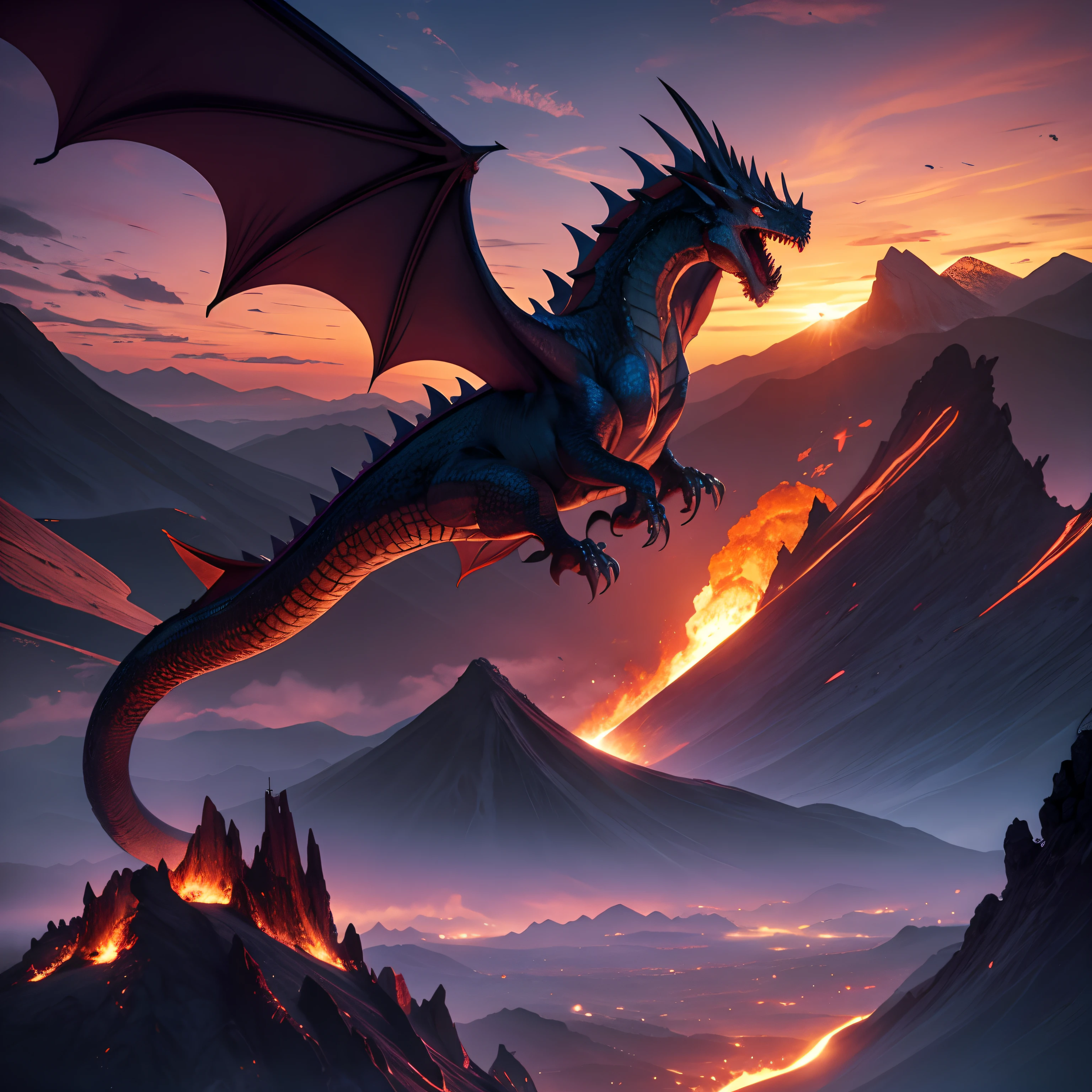 2 dragons, flying, together, big black dragon, little golden dragon, flying over mountains, thunderstorm, lightning, detailed fantasy scene, cinematic lighting, highly detailed, intricate and vibrant colors, dramatic atmosphere, fantasy art, digital painting. 8k, woman with silver hair on top of mountain