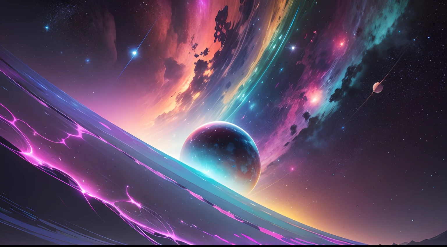 uma pintura de uma cena espacial colorida com planetas e estrelas, Arte digital altamente detalhada em 4k, Arte digital detalhada em 4k, Arte Digital 4K, Sci-Fi Digital Art Illustration, cosmic and colorful, space colors, Arte Digital Widescreen 8K, 8k arte impressionante, arte digital colorida