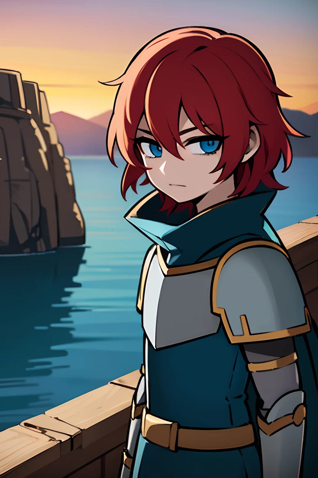 young boy, red hair hairstyles, blue eyes, knight armor, silver armor, blue tunic upper armor,, blue cape, in mountain lands, 4k, Looking at the Viewer, sea in the background in the distance