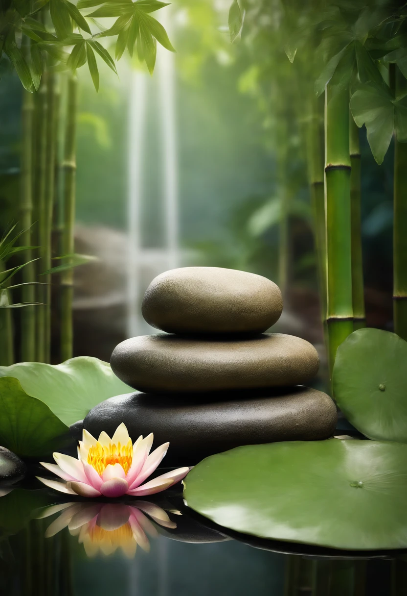 (bamboo fountain, water lily, spa stones),oil painting, detailed bamboo fountain, realistic water lilies, vibrant colors, subtle lighting, high quality artwork:1.2, serene atmosphere, tranquil garden, fine brushwork, peaceful mood, delicate details, harmonious composition, zen garden aesthetic, soothing sound of flowing water, reflective surface of the spa stones, natural materials, calm and relaxing setting.